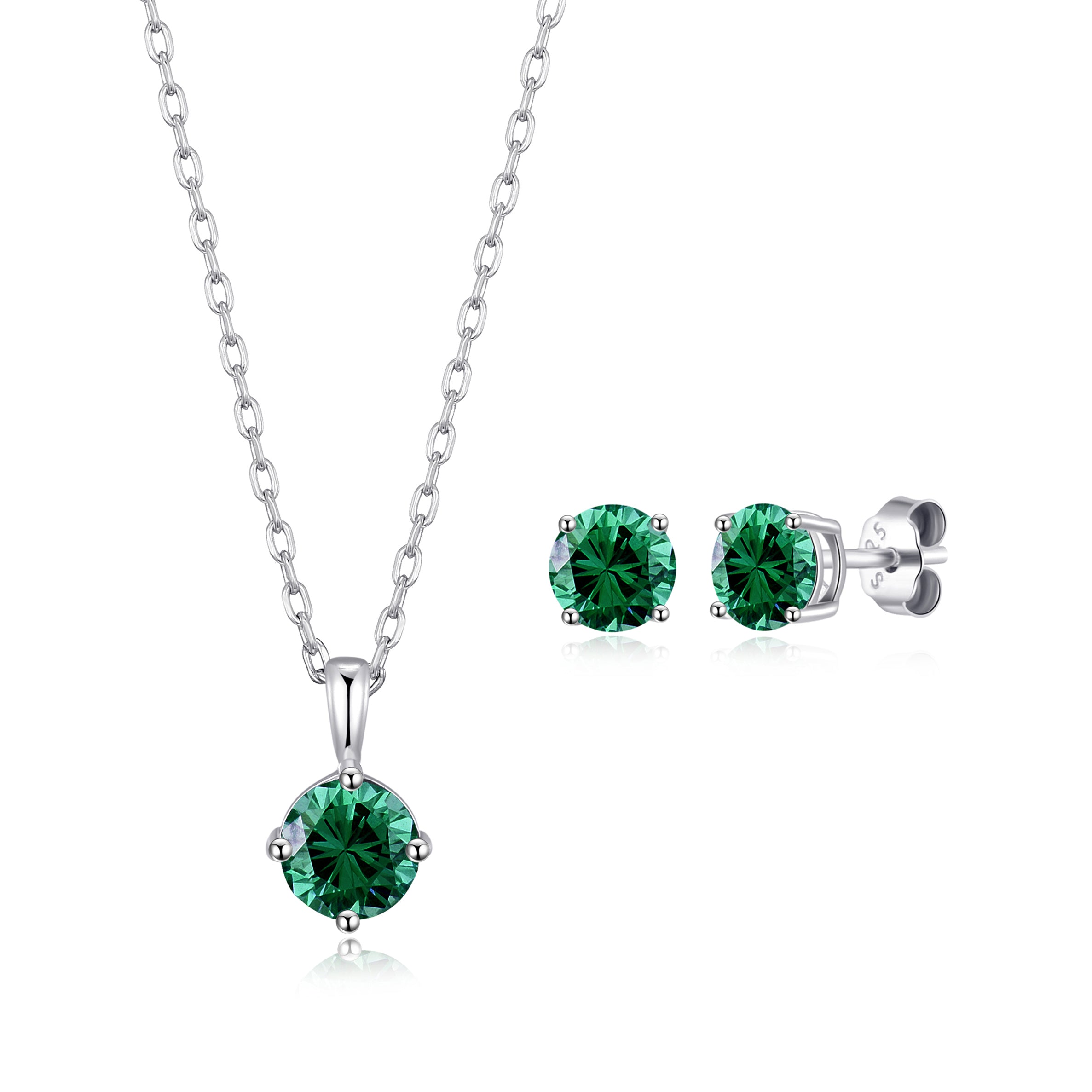 Sterling Silver May (Emerald) Birthstone Necklace & Earrings Set Created with Zircondia® Crystals by Philip Jones Jewellery