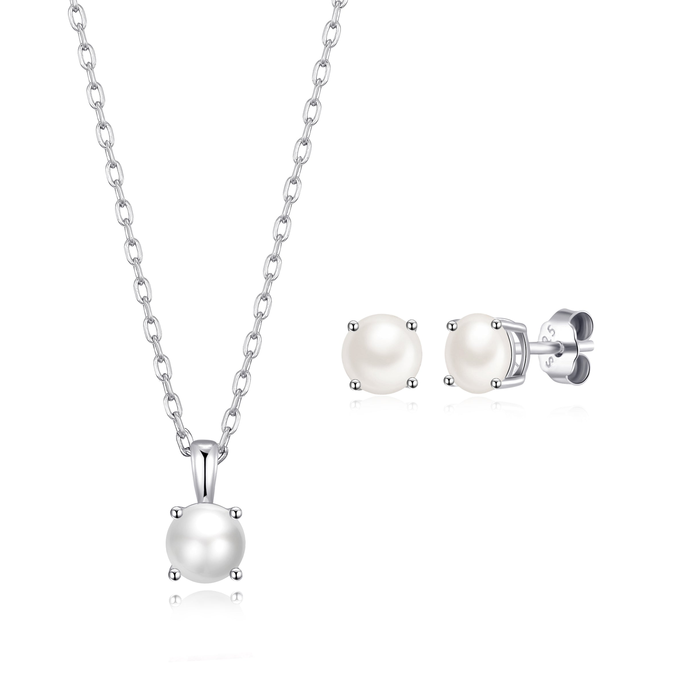 Sterling Silver June (Pearl) Birthstone Necklace & Earrings Set Created with Zircondia® Crystals by Philip Jones Jewellery