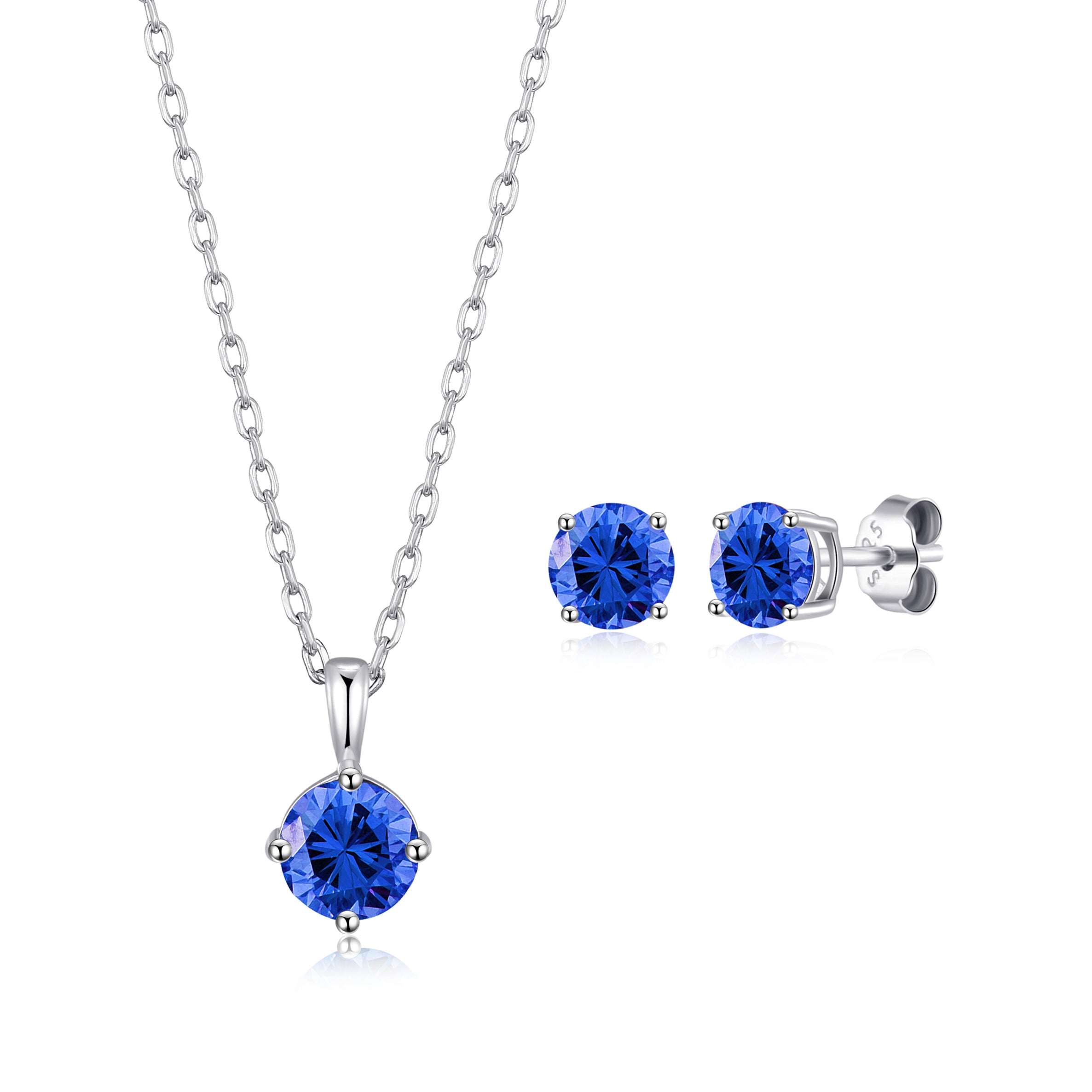 Sterling Silver September (Sapphire) Birthstone Necklace & Earrings Set Created with Zircondia® Crystals by Philip Jones Jewellery