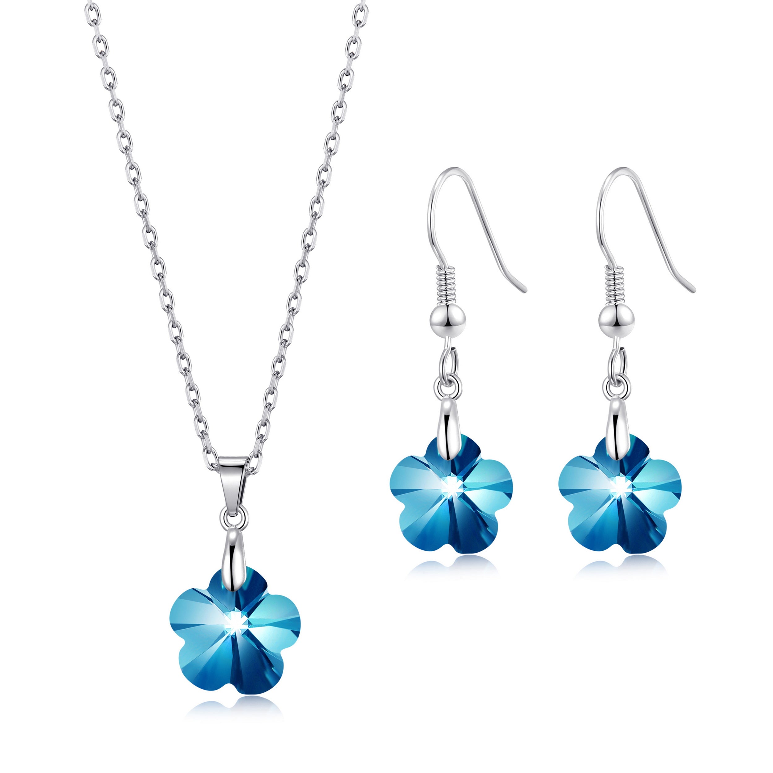 Sterling Silver Aquamarine Flower Set Created with Zircondia® Crystals by Philip Jones Jewellery