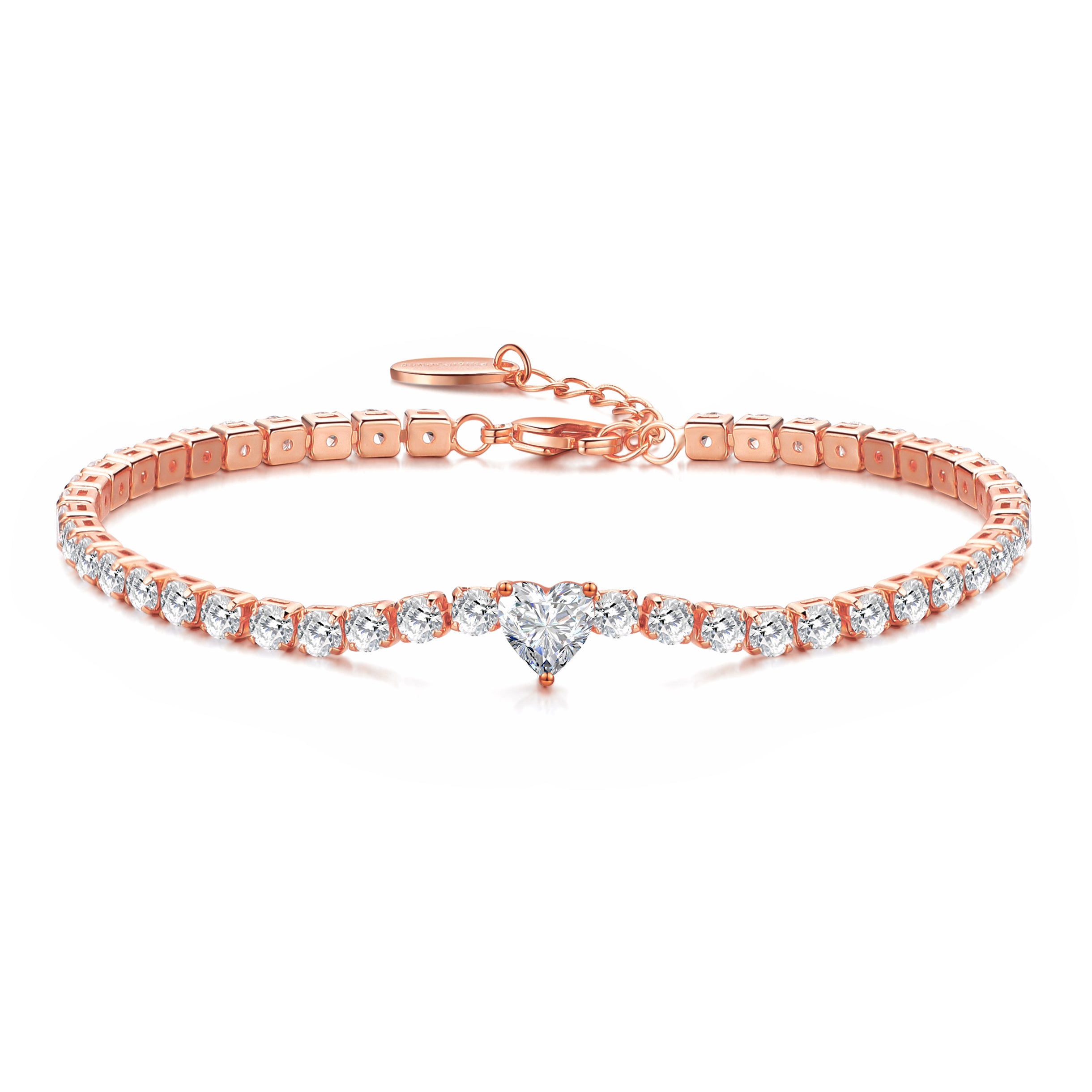 Rose Gold Plated Heart Solitaire Tennis Bracelet Created with Zircondia® Crystals by Philip Jones Jewellery