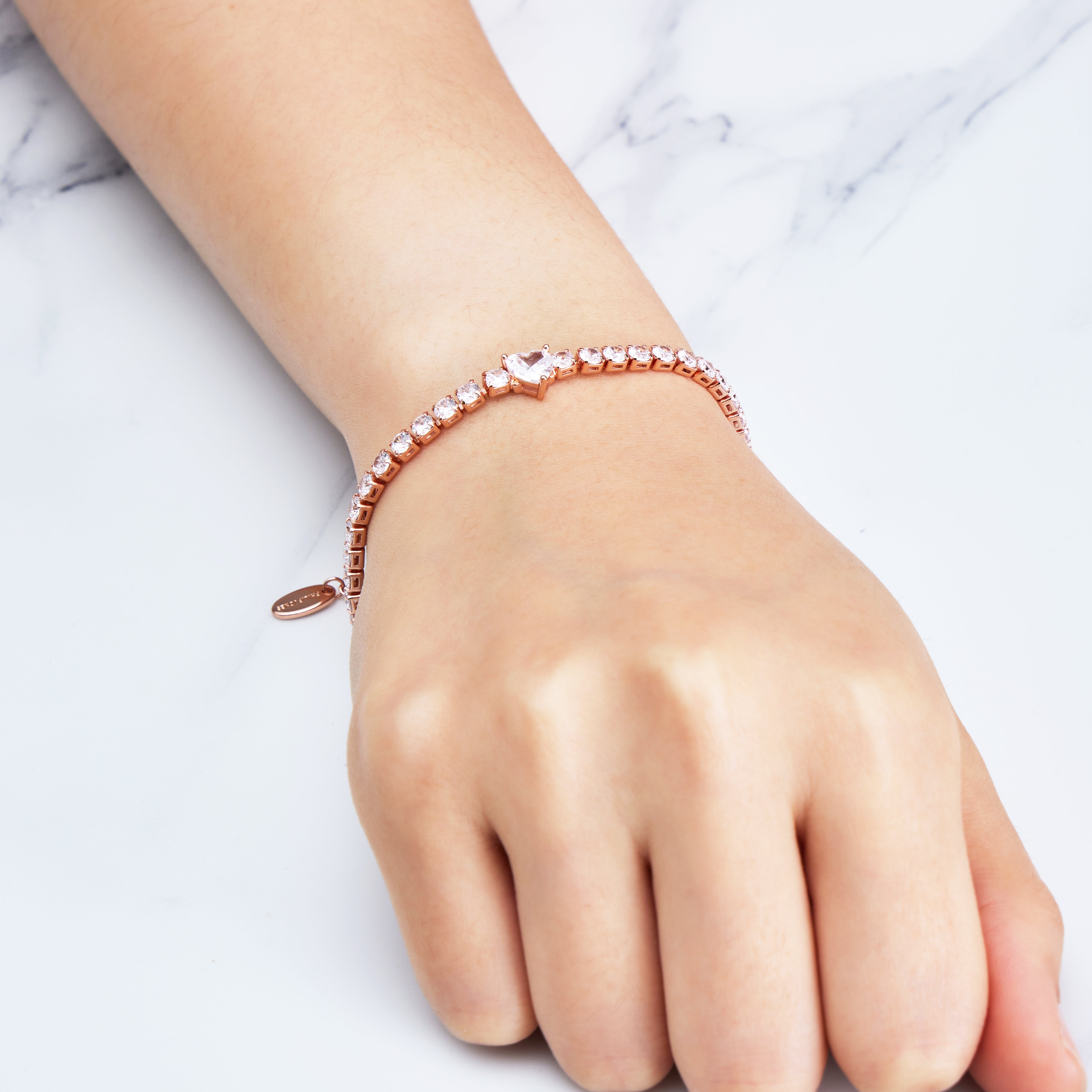 Rose Gold Plated Heart Solitaire Tennis Bracelet Created with Zircondia® Crystals