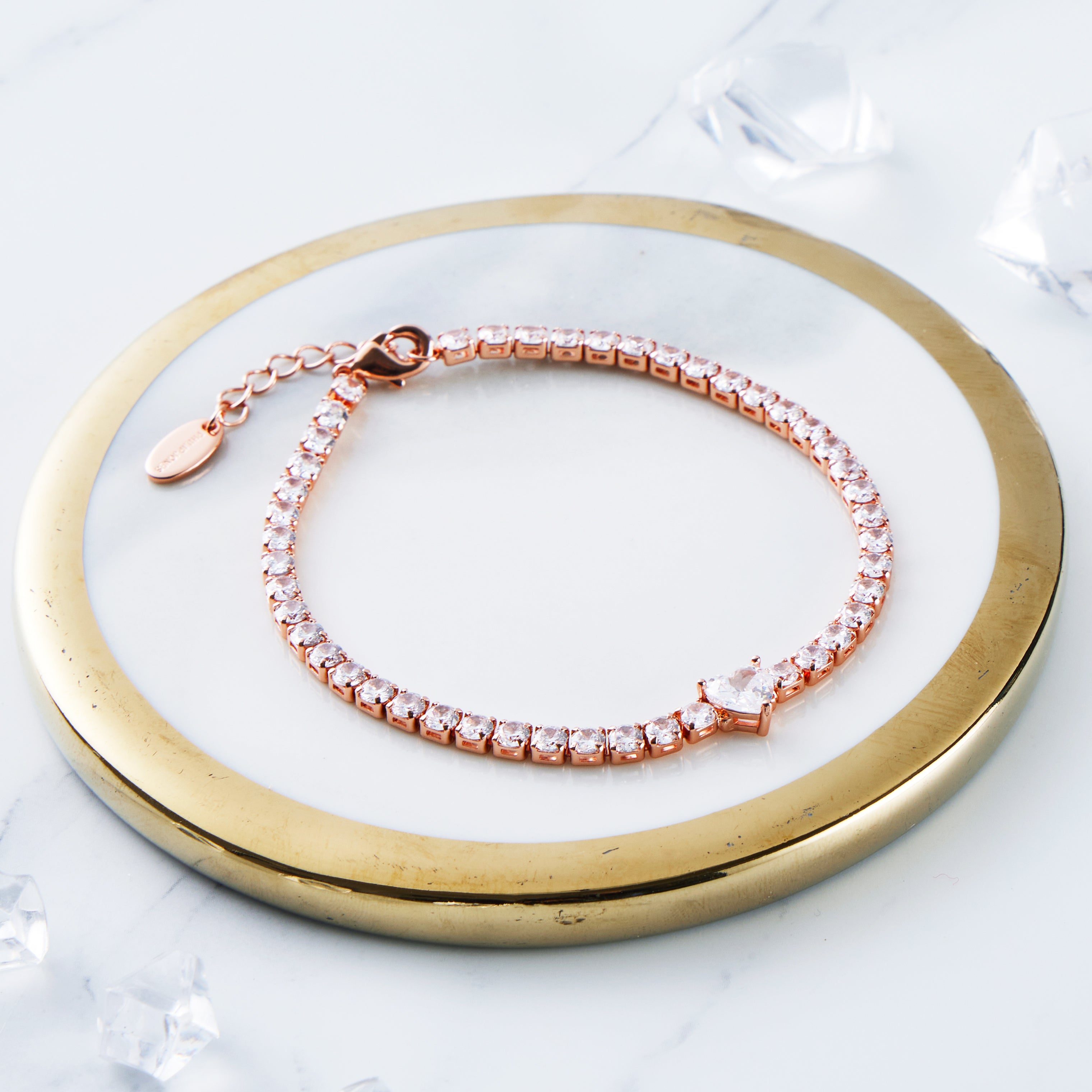 Rose Gold Plated Heart Solitaire Tennis Bracelet Created with Zircondia® Crystals
