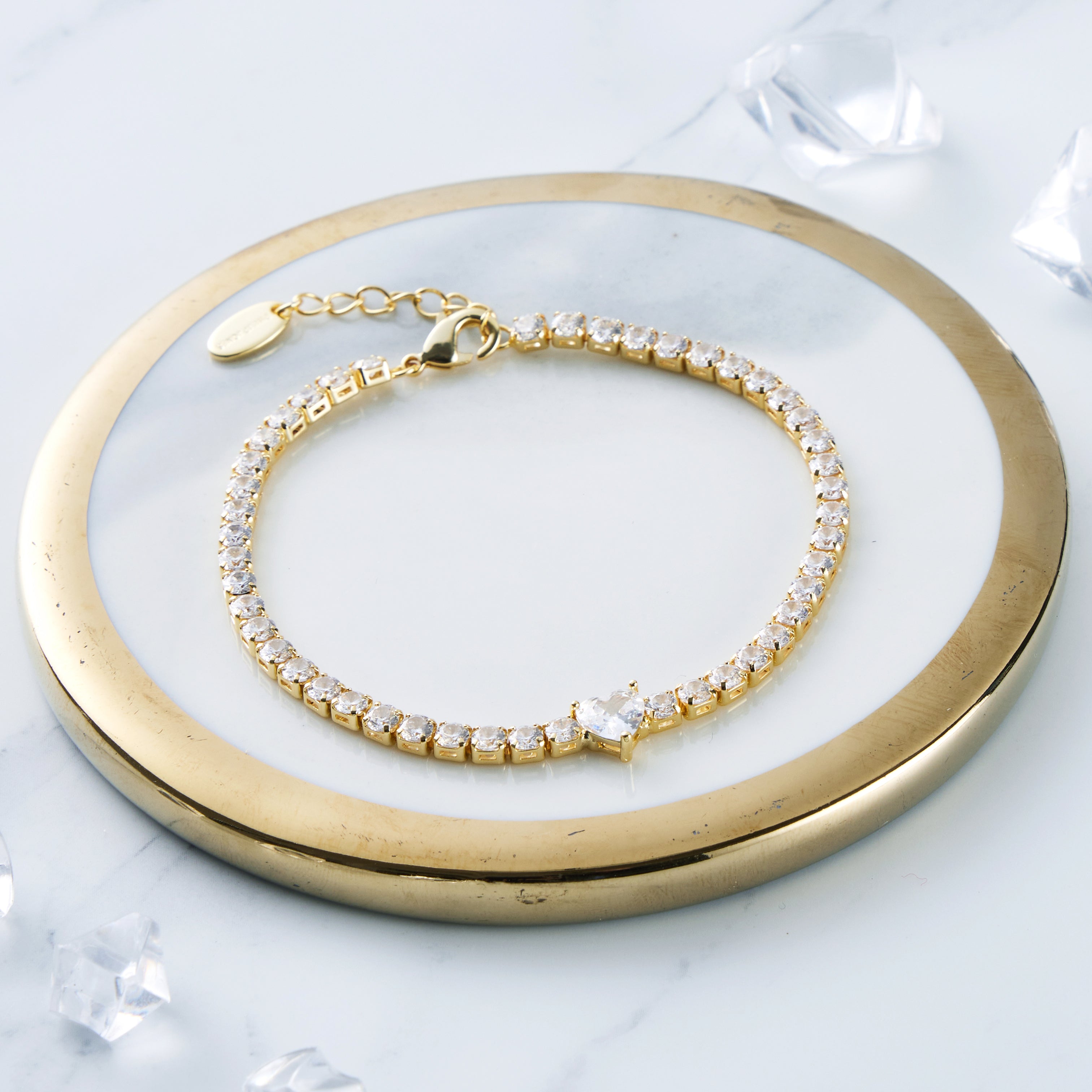 Gold Plated Heart Solitaire Tennis Bracelet Created with Zircondia® Crystals