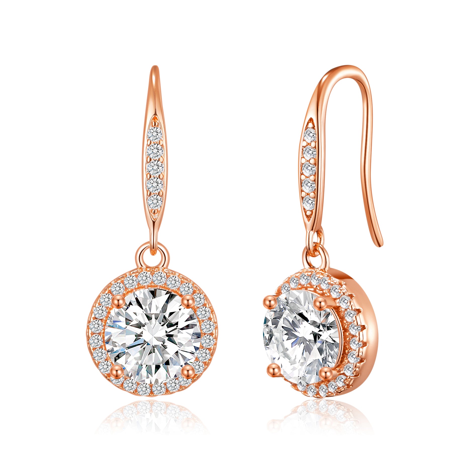 Rose Gold Plated Halo Drop Earrings Created with Zircondia® Crystals by Philip Jones Jewellery