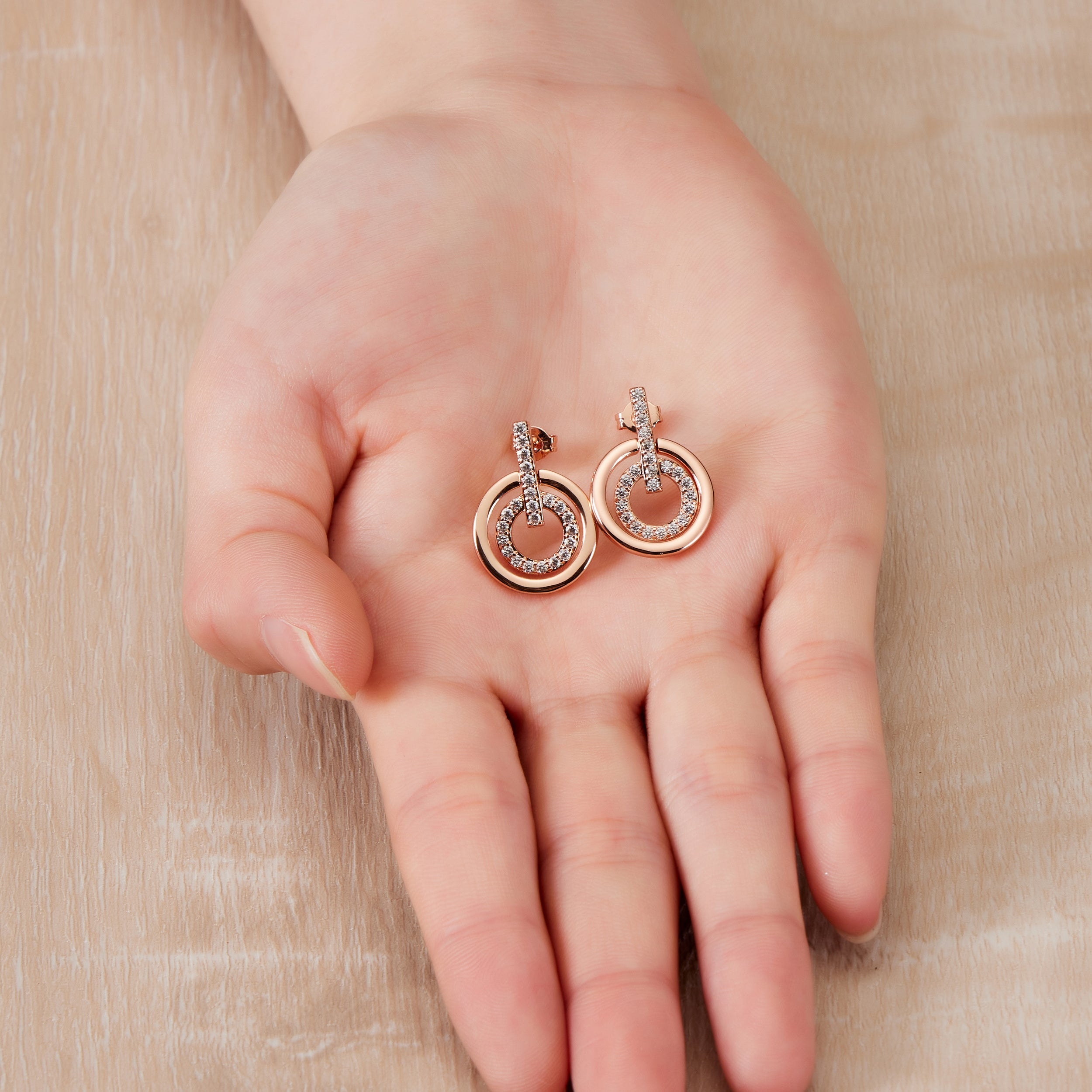 Rose Gold Plated Double Circle Drop Earrings Created with Zircondia® Crystals