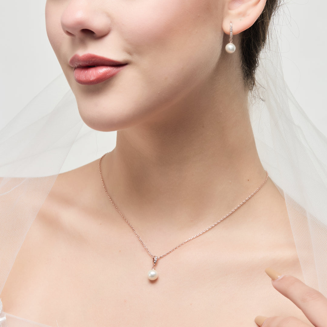 Rose Gold Plated Pearl Drop Bridal Set Created with Zircondia® Crystals
