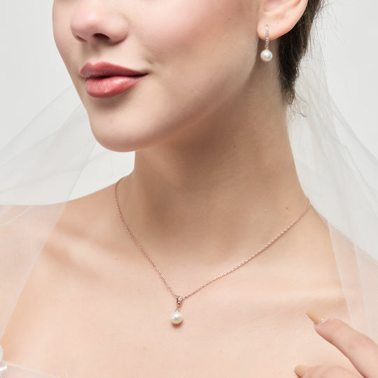 Rose Gold Plated Pearl Drop Bridal Set Created with Zircondia® Crystals