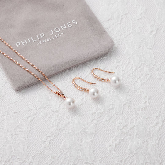Rose Gold Plated Pearl Drop Bridal Set Created with Zircondia® Crystals