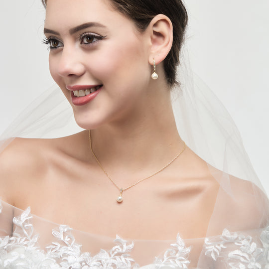 Gold Plated Pearl Drop Bridal Set Created with Zircondia® Crystals