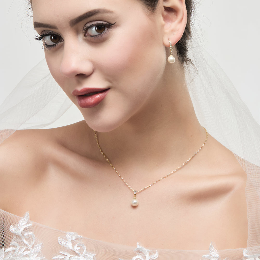 Gold Plated Pearl Drop Bridal Set Created with Zircondia® Crystals