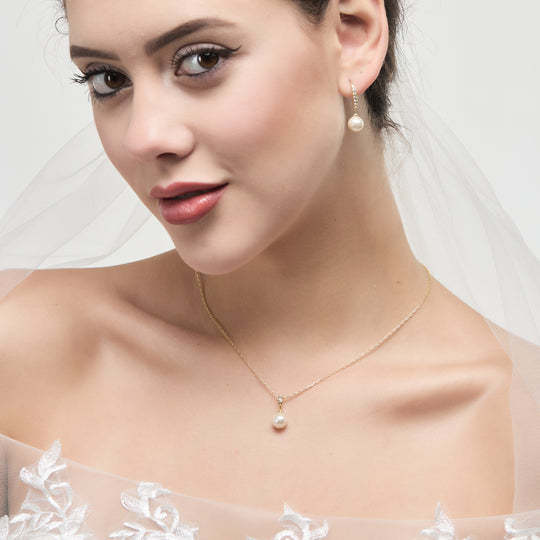 Gold Plated Pearl Drop Bridal Set Created with Zircondia® Crystals