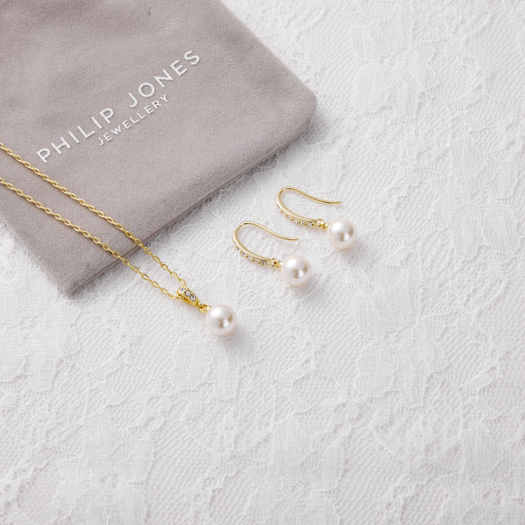 Gold Plated Pearl Drop Bridal Set Created with Zircondia® Crystals