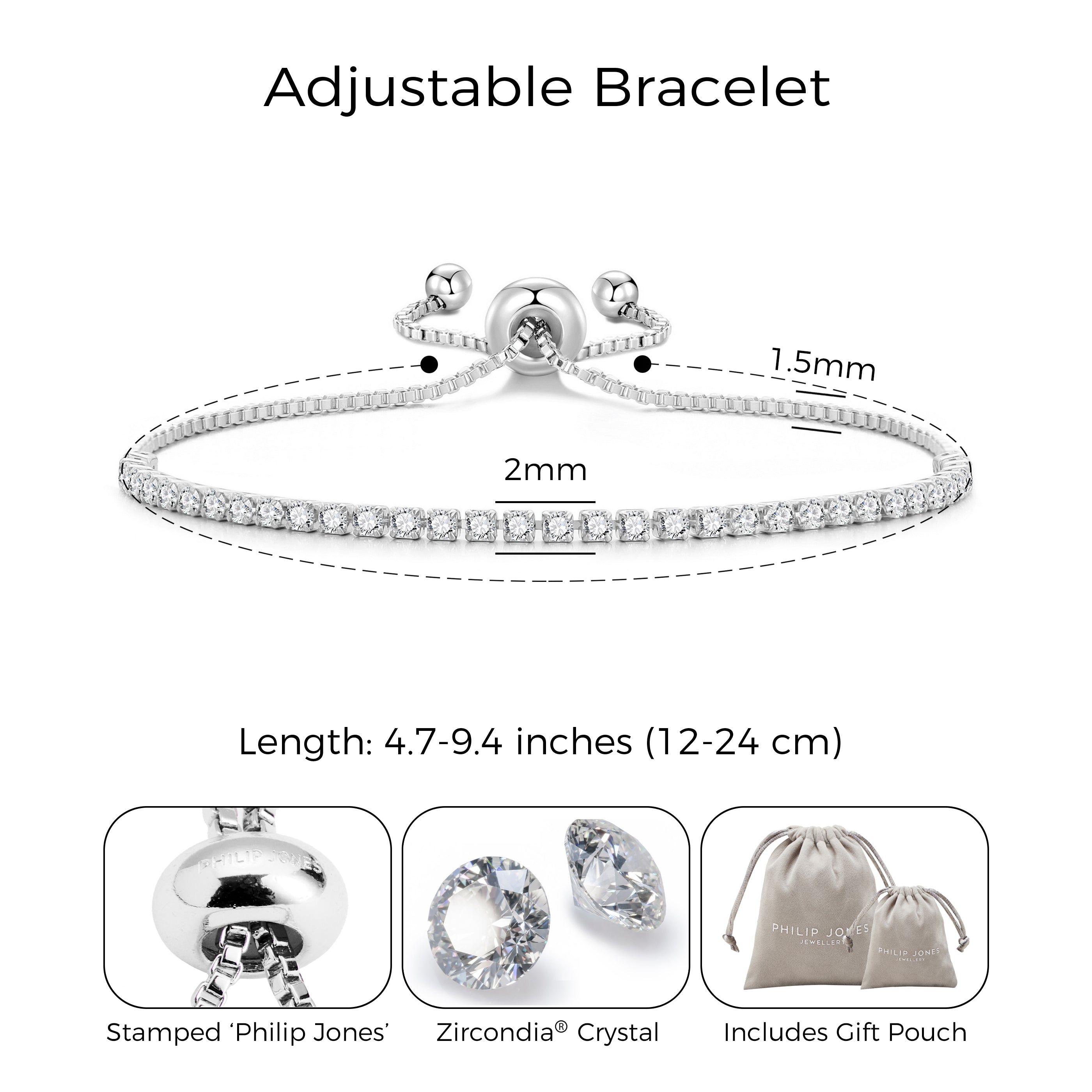 Silver Plated 2mm Adjustable Tennis Bracelet Created with Zircondia® Crystals