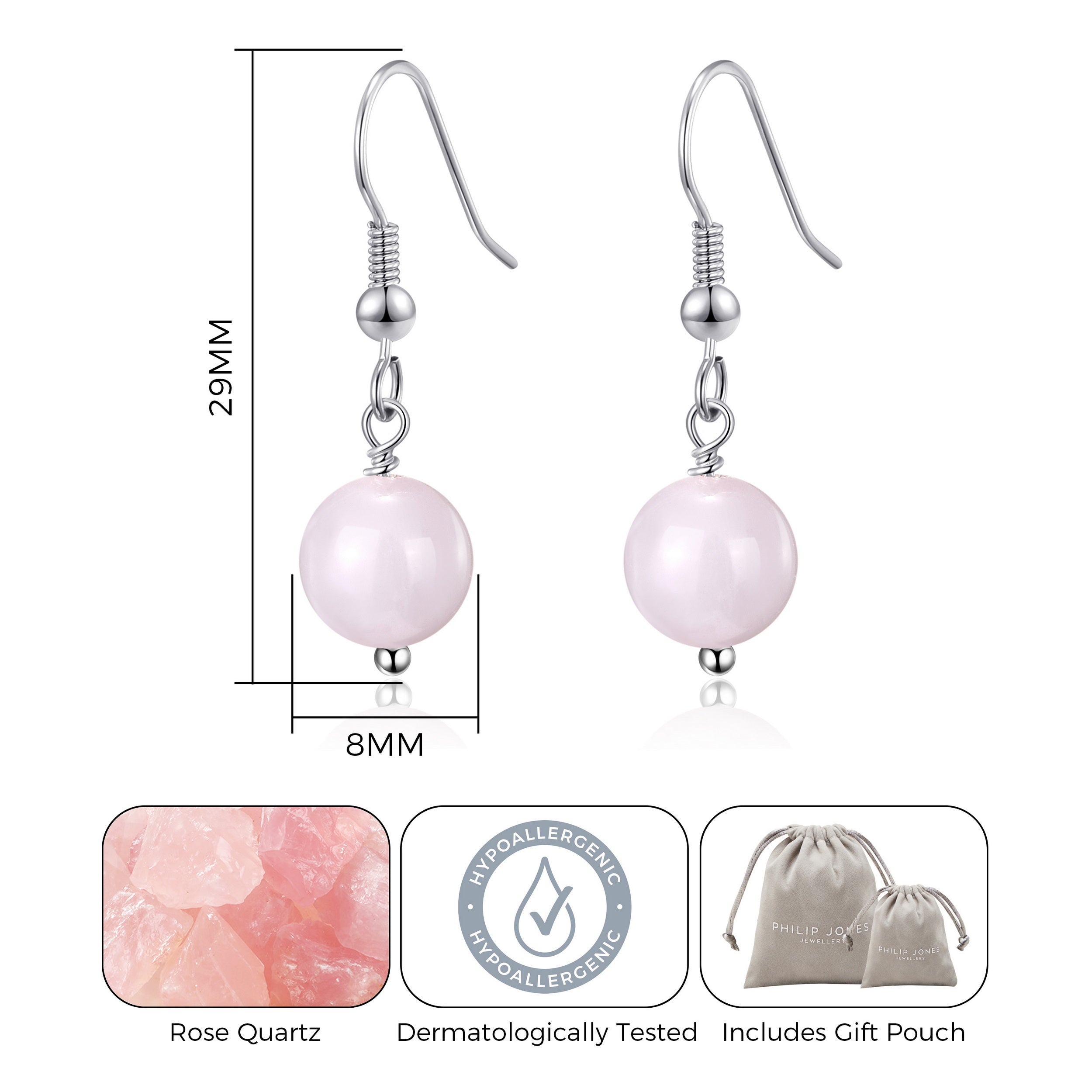 Rose Quartz Gemstone Sphere Drop Earrings