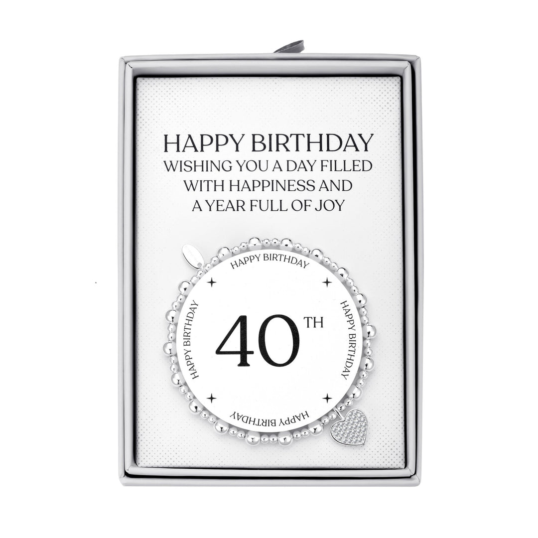 40th Birthday Heart Charm Stretch Bracelet with Quote Gift Box - Philip Jones Jewellery