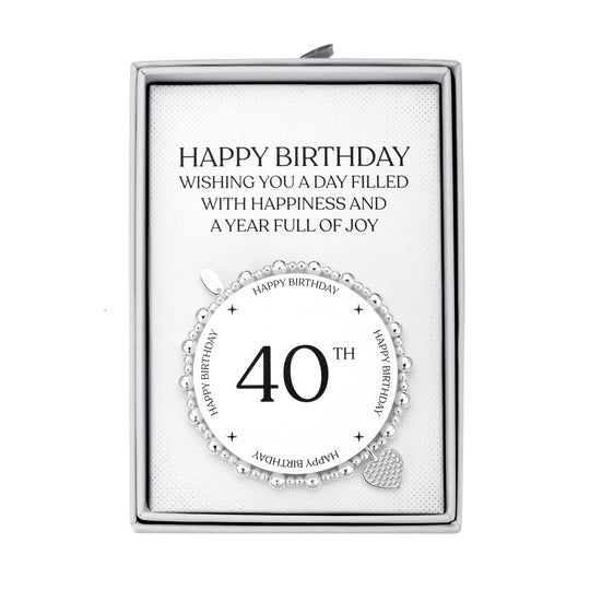 40th Birthday Heart Charm Stretch Bracelet with Quote Gift Box - Philip Jones Jewellery