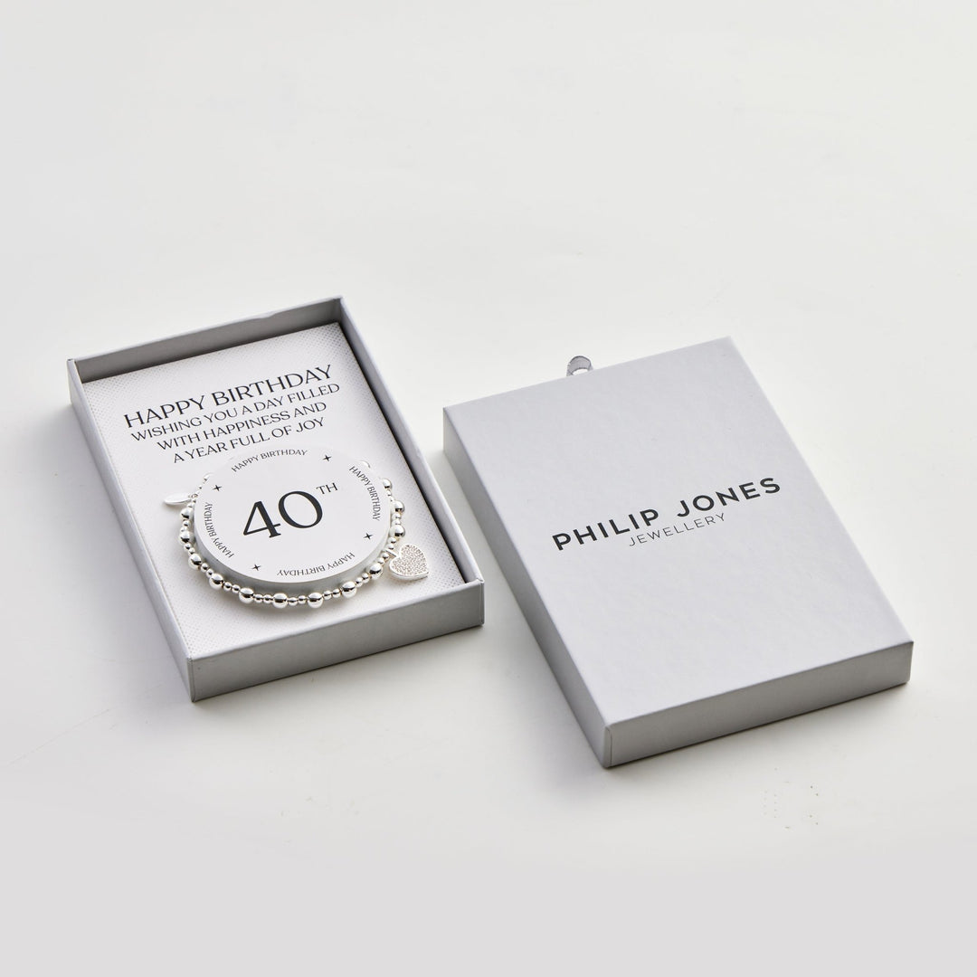 40th Birthday Heart Charm Stretch Bracelet with Quote Gift Box - Philip Jones Jewellery