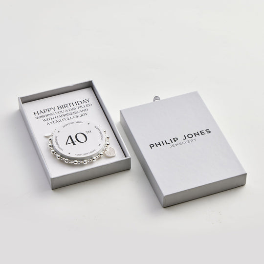 40th Birthday Heart Charm Stretch Bracelet with Quote Gift Box - Philip Jones Jewellery