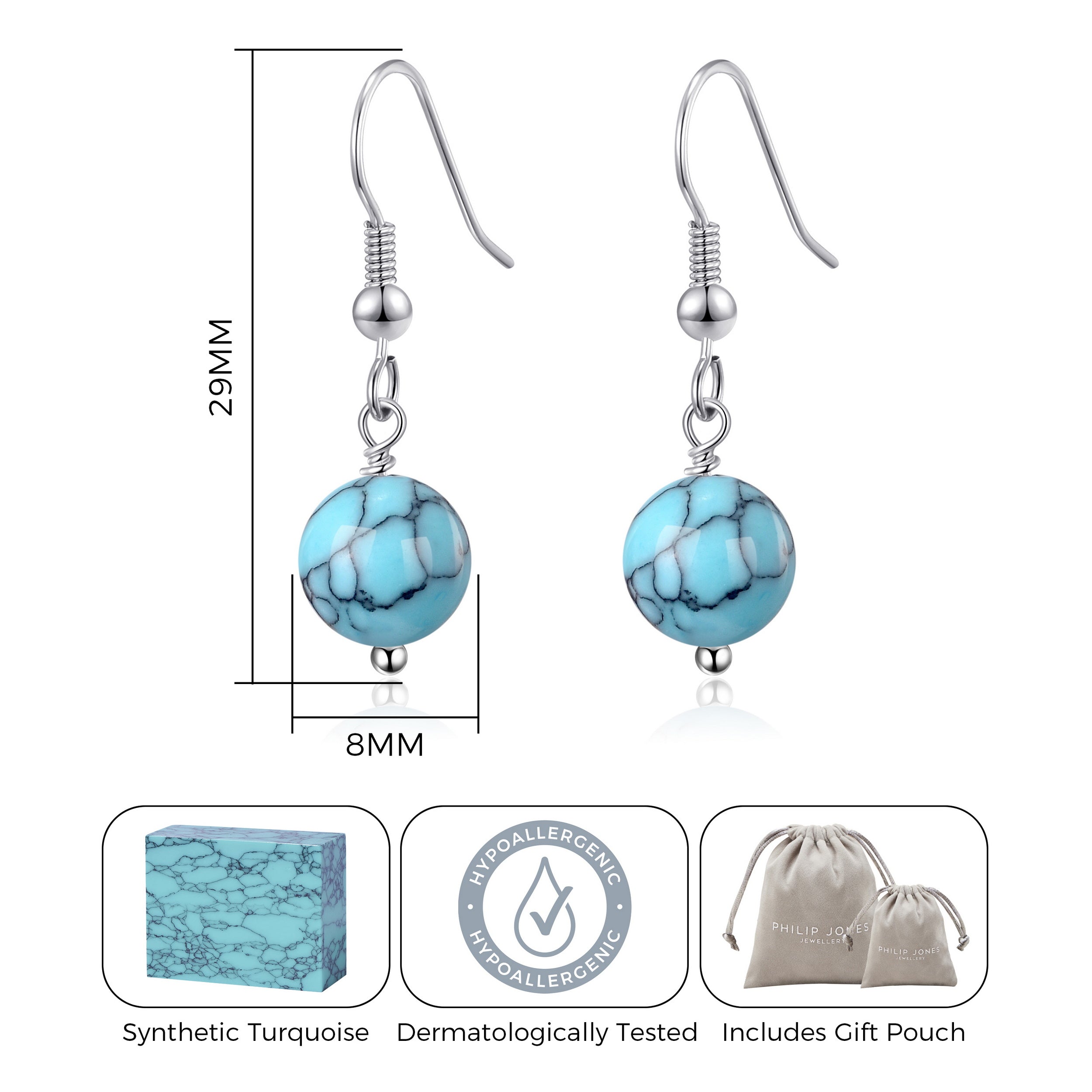 Synthetic Turquoise Gemstone Round Drop Earrings