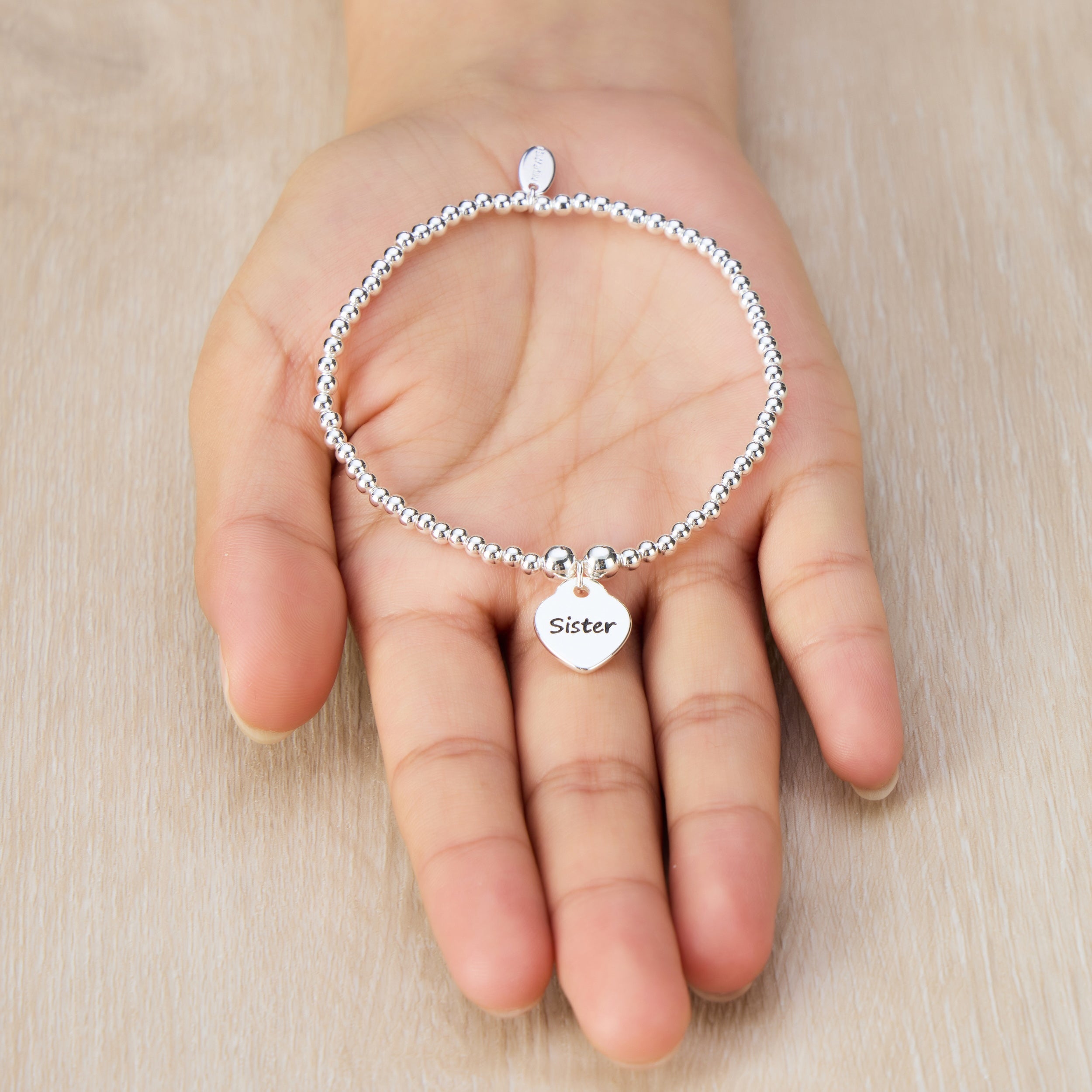 Sister Heart Charm Beaded Stretch Bracelet