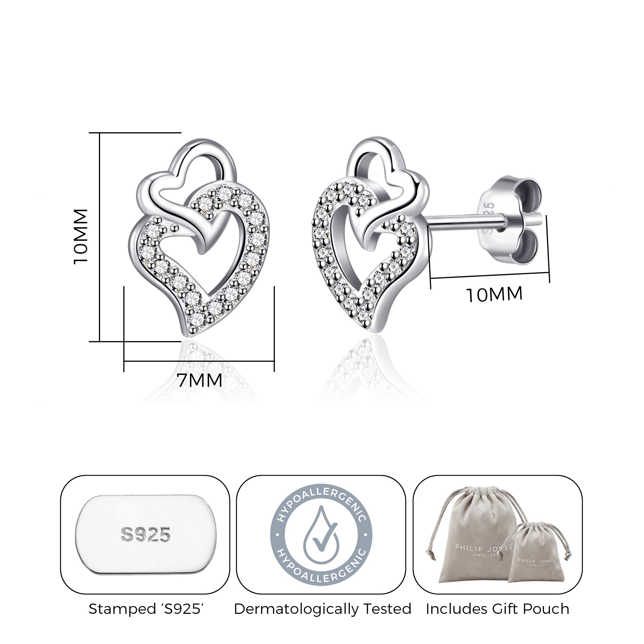 Sterling Silver Double Heart Earrings Created with Zircondia® Crystals