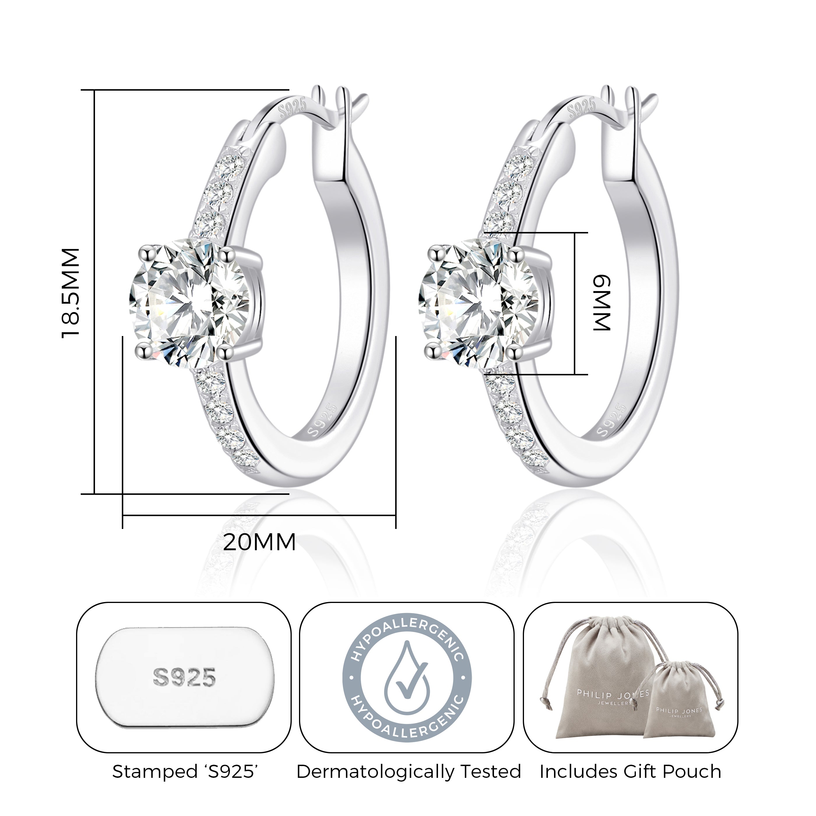 Sterling Silver Solitaire Hoop Earrings Created with Zircondia® Crystals