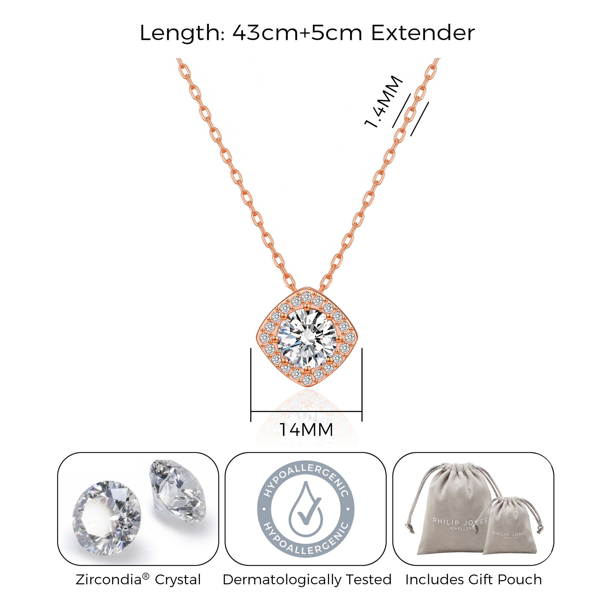 Rose Gold Plated Square Halo Necklace Created with Zircondia® Crystals