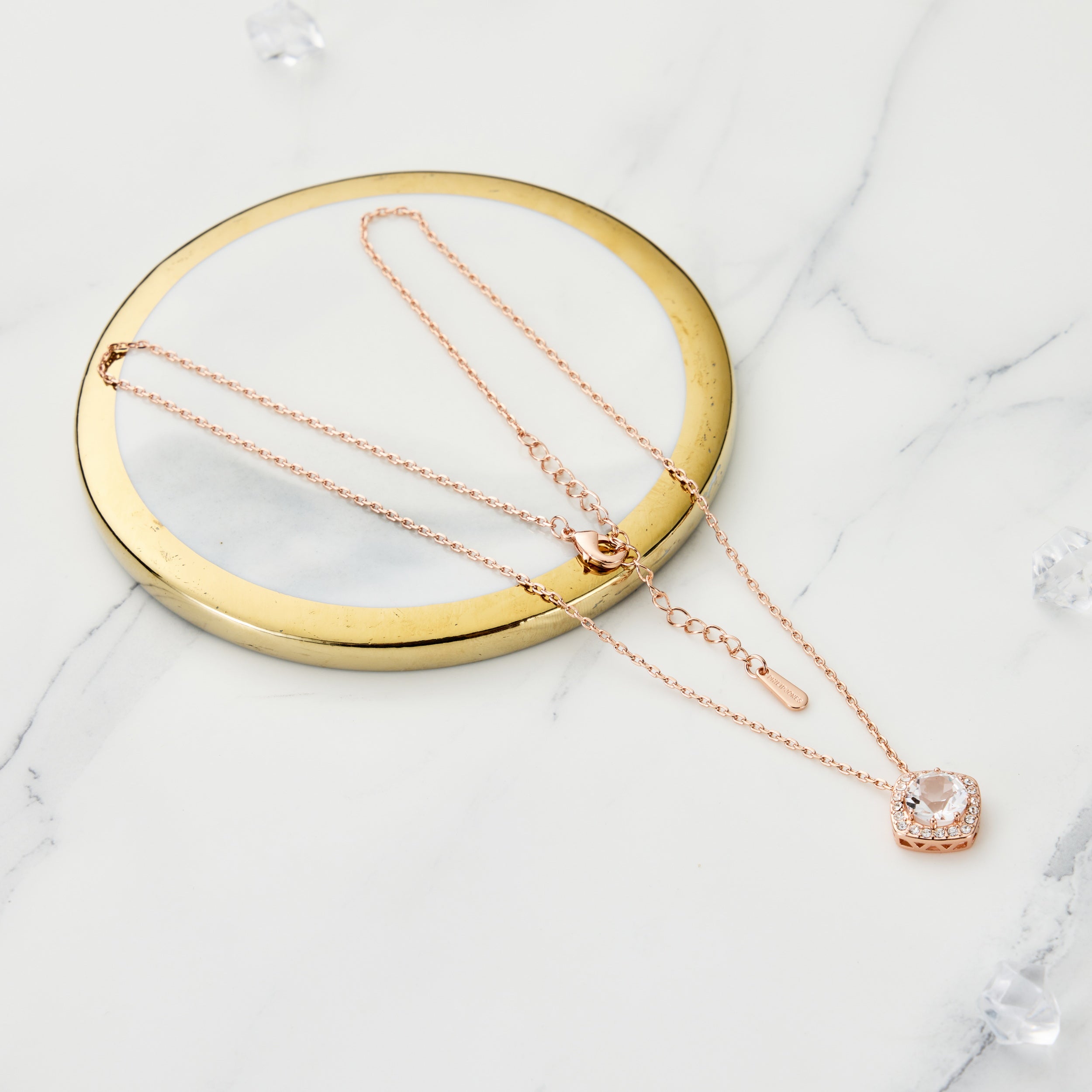 Rose Gold Plated Square Halo Necklace Created with Zircondia® Crystals