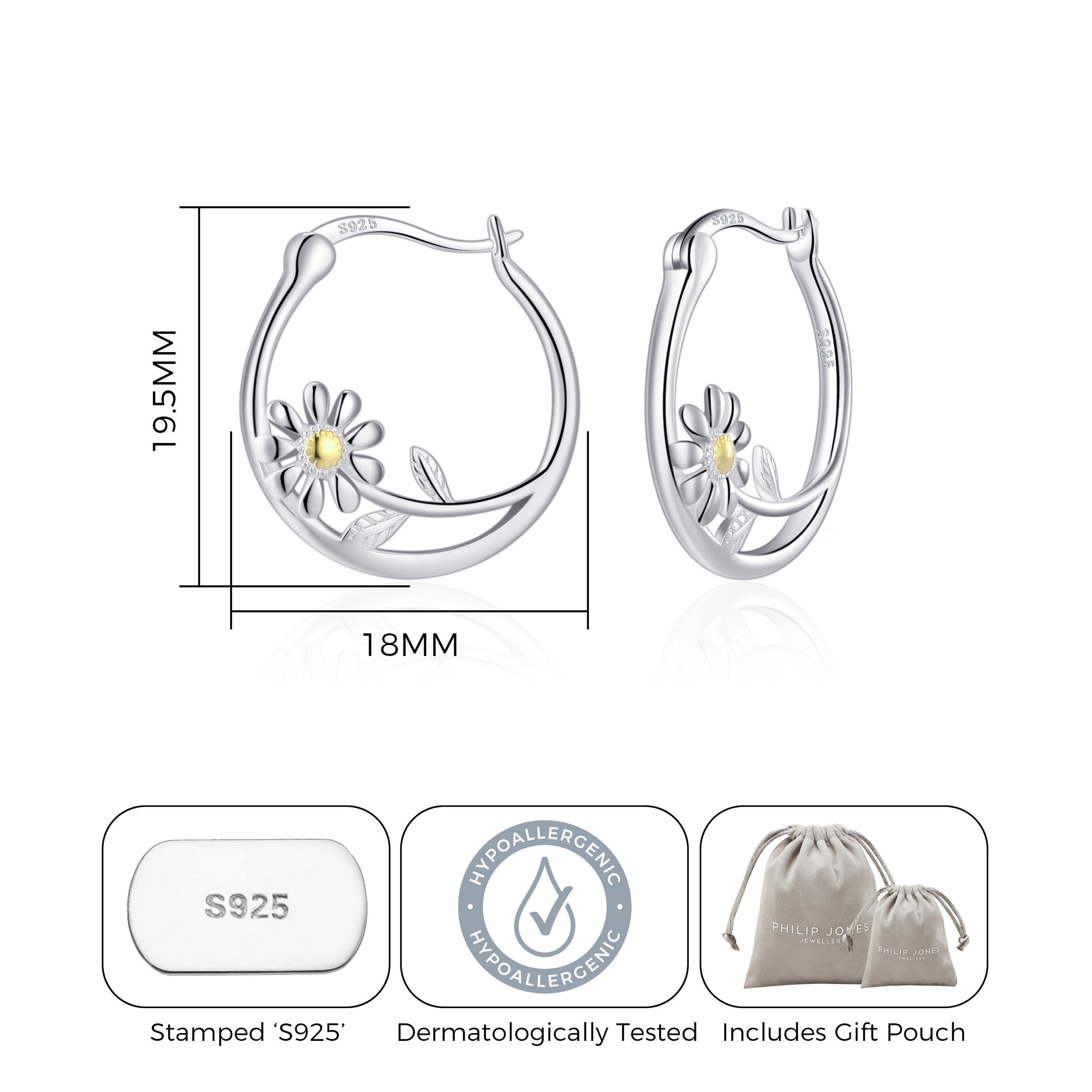 Sterling Silver Daisy Hoop Earrings