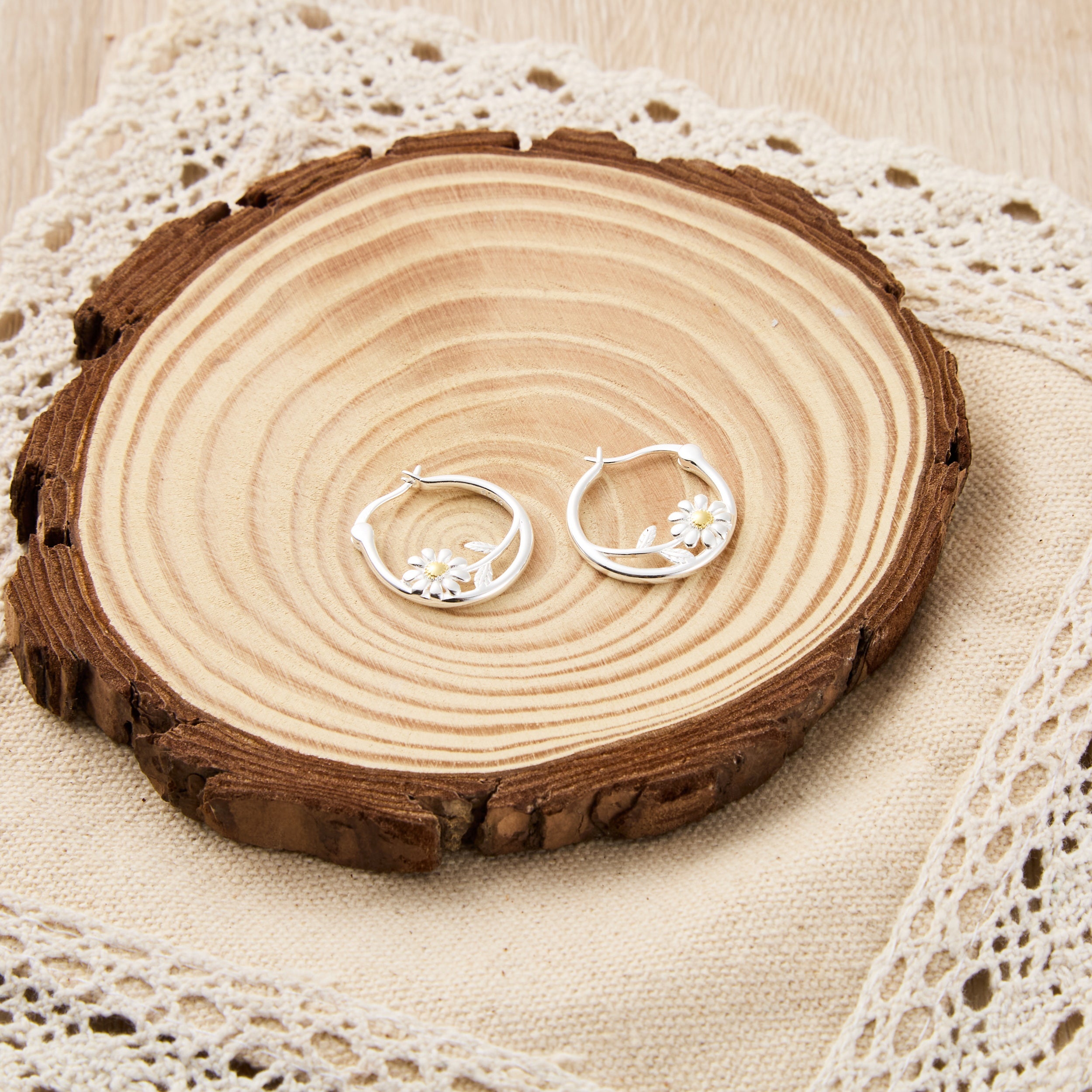 Sterling Silver Daisy Hoop Earrings