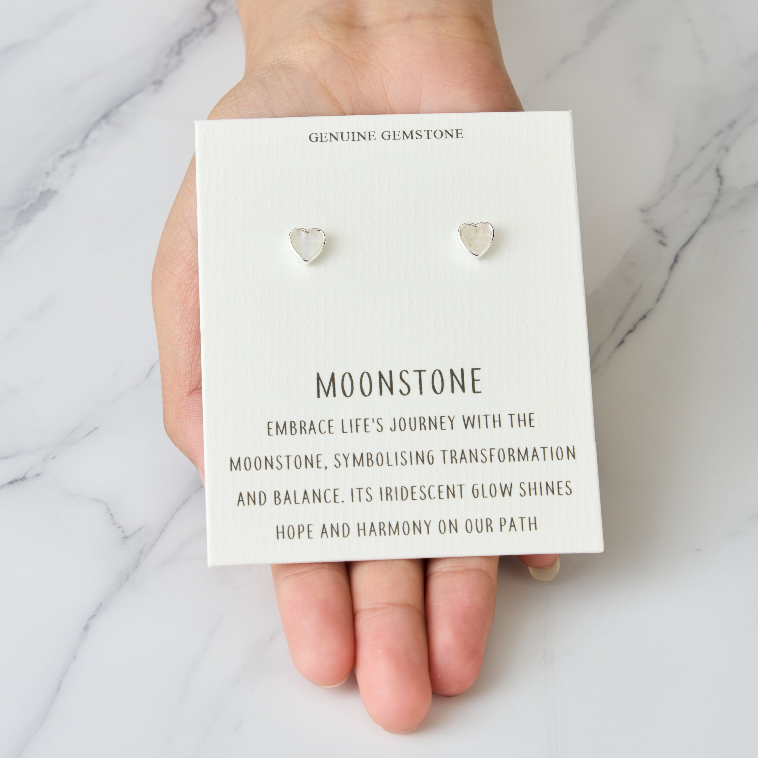 Moonstone Heart Stud Earrings with Quote Card