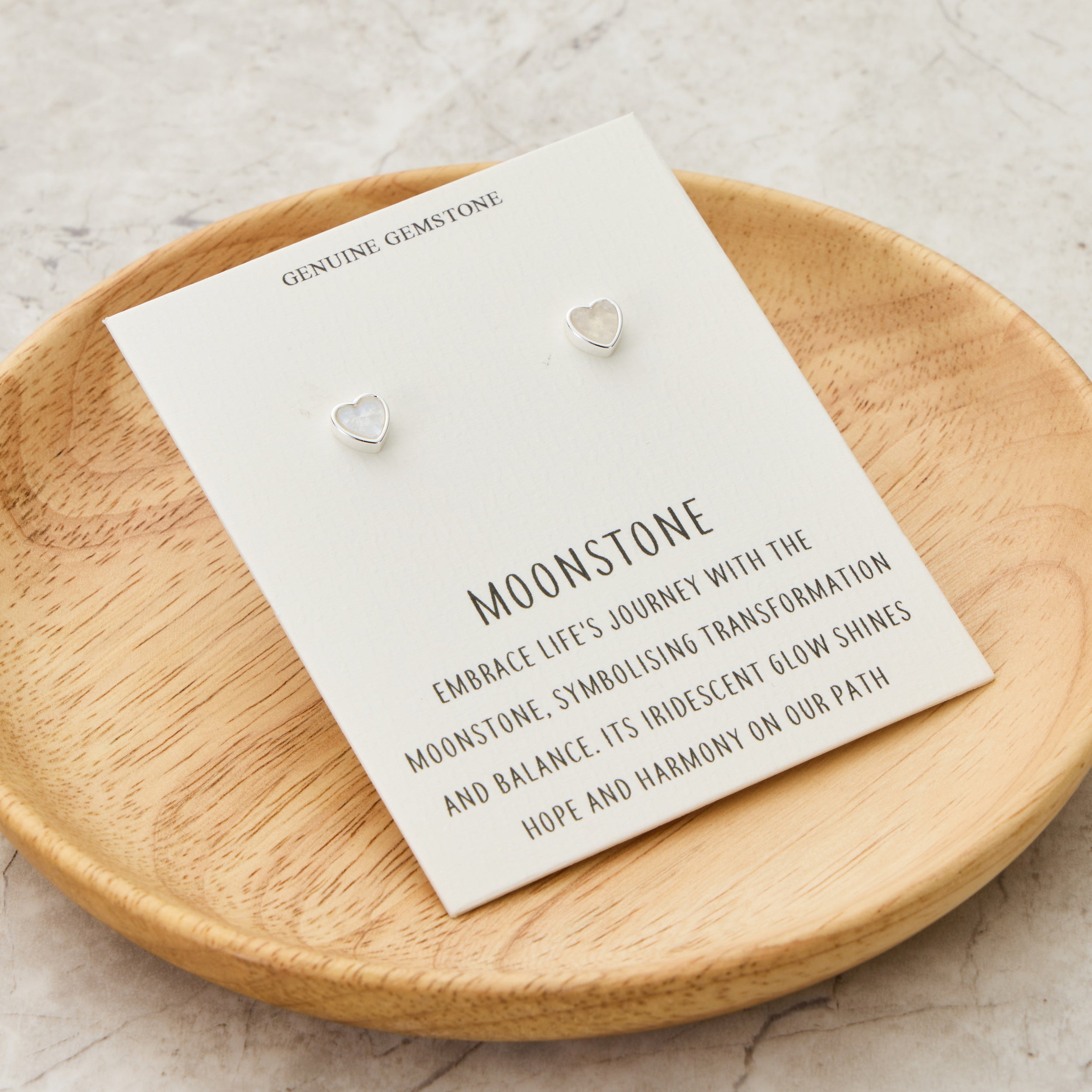 Moonstone Heart Stud Earrings with Quote Card