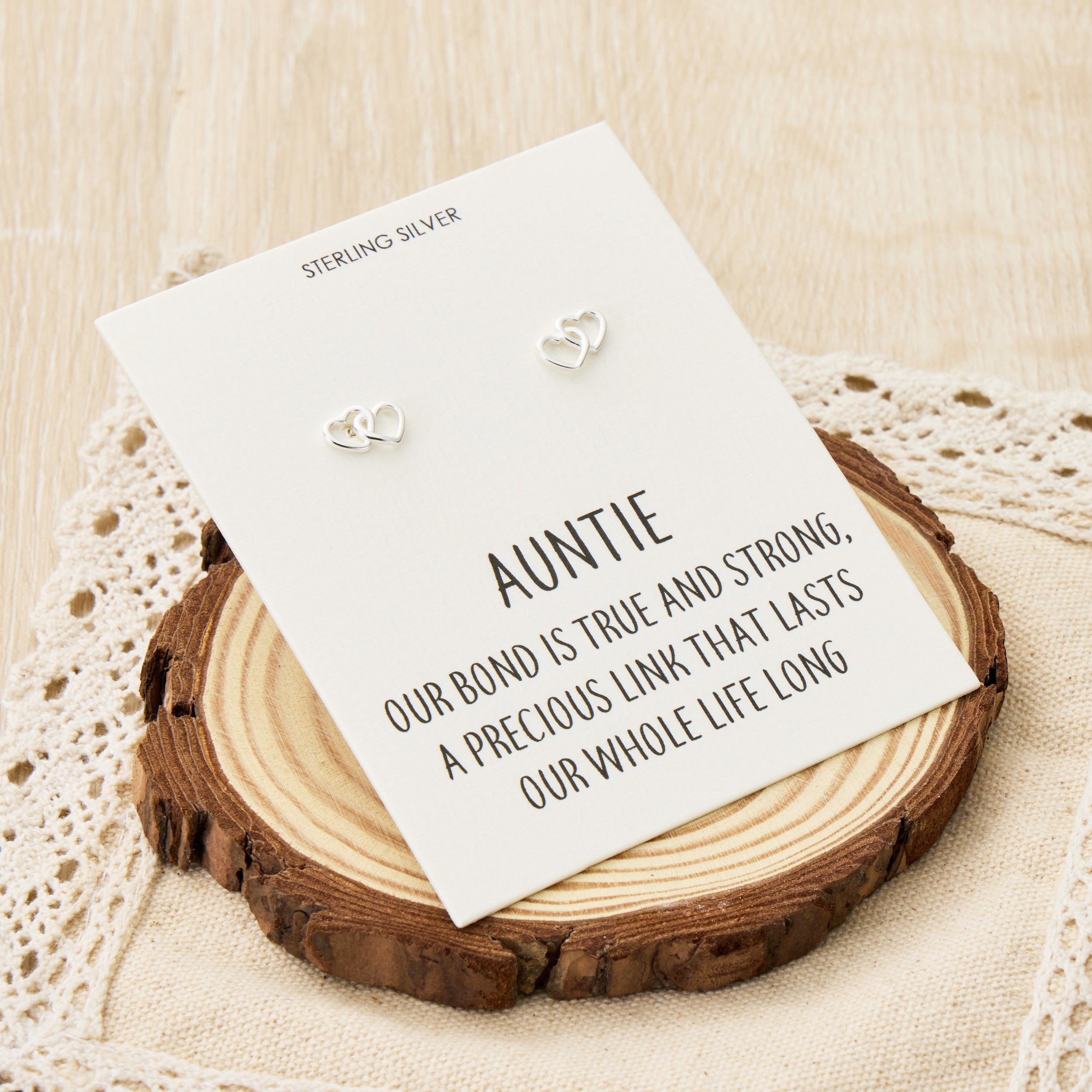 Sterling Silver Auntie Quote Heart Link Earrings