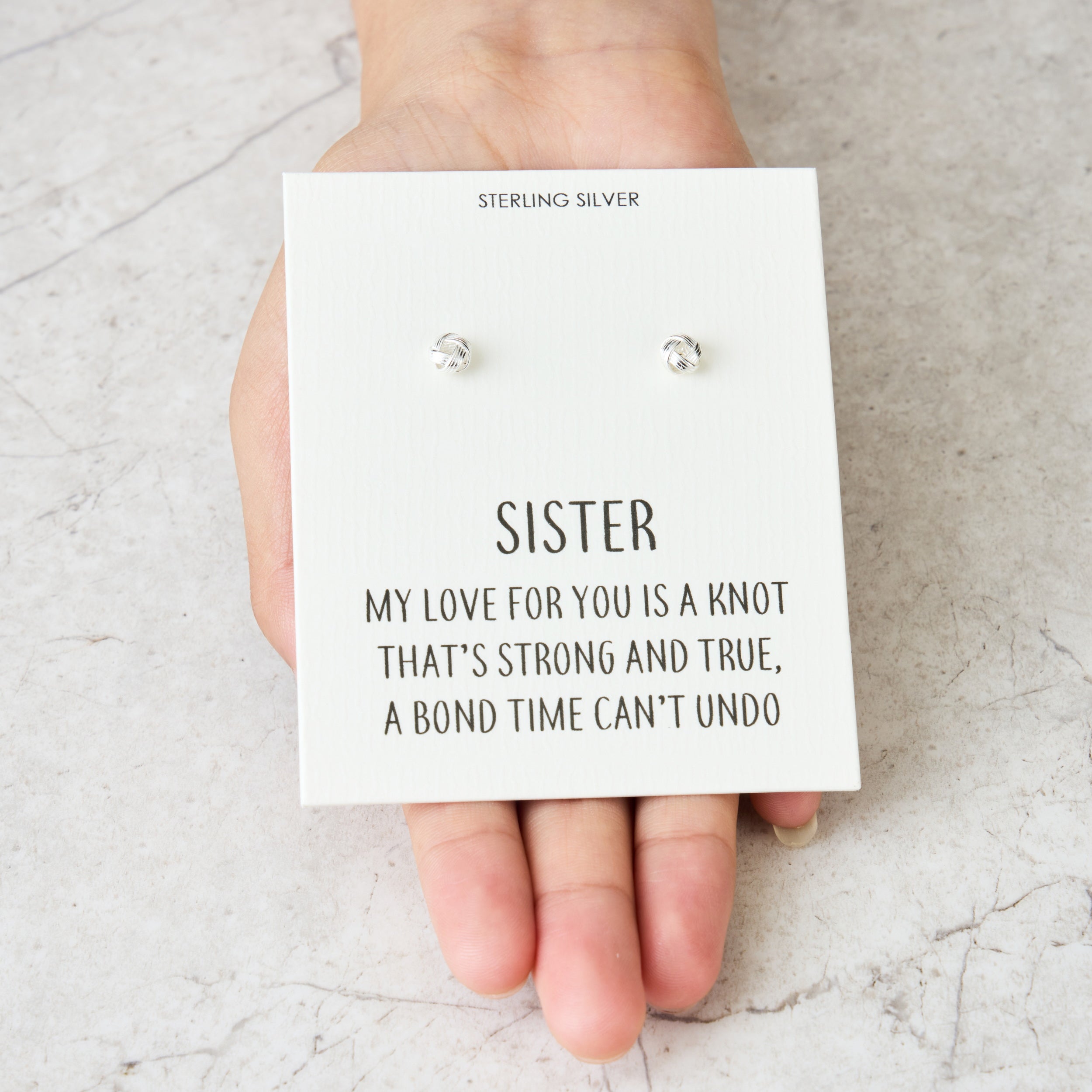 Sterling Silver Sister Quote Knot Earrings