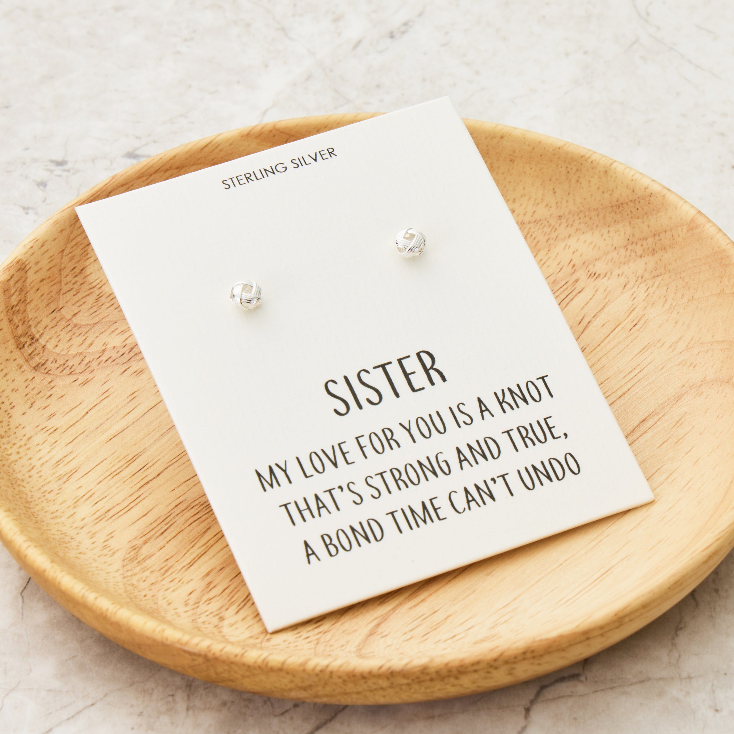 Sterling Silver Sister Quote Knot Earrings