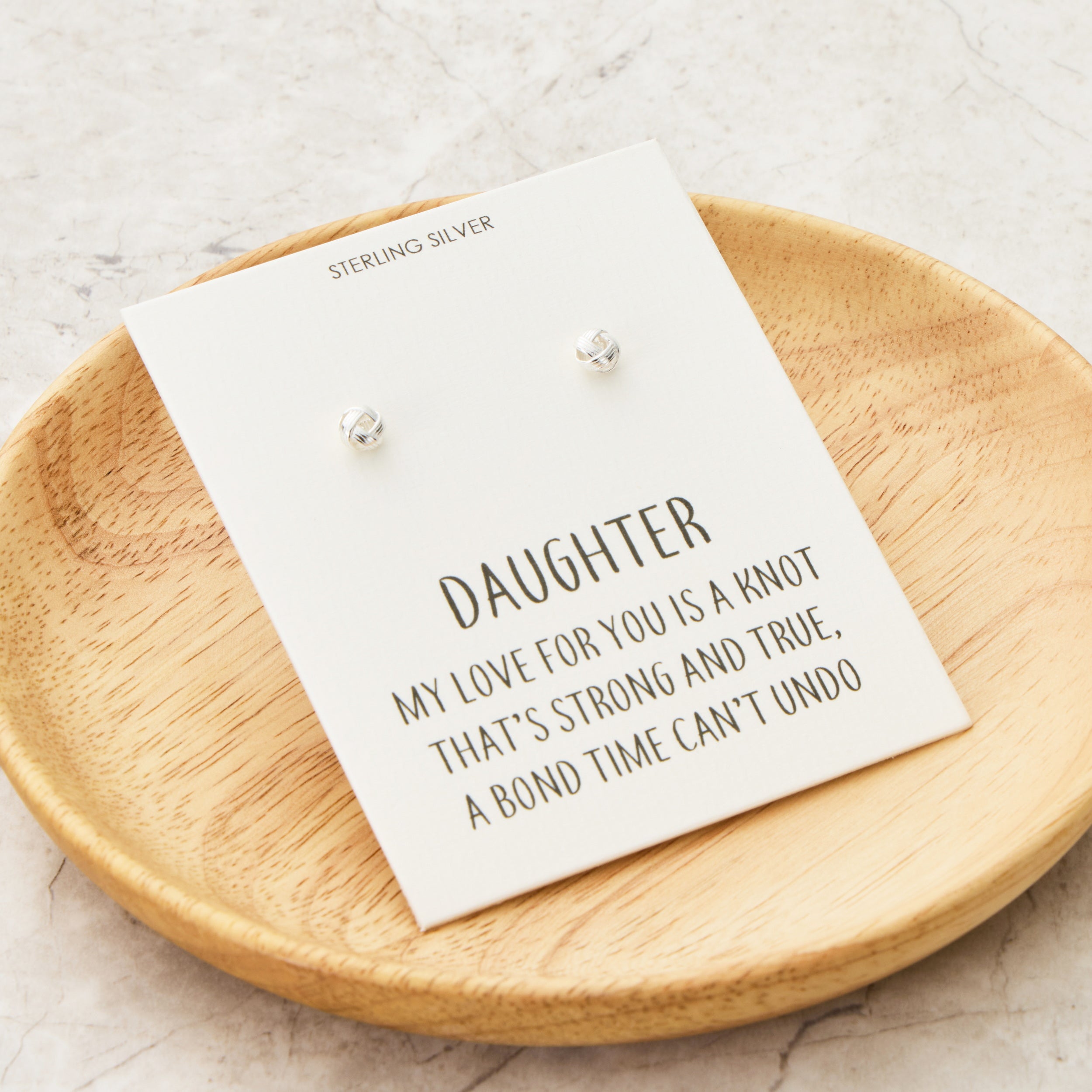 Sterling Silver Daughter Quote Knot Earrings