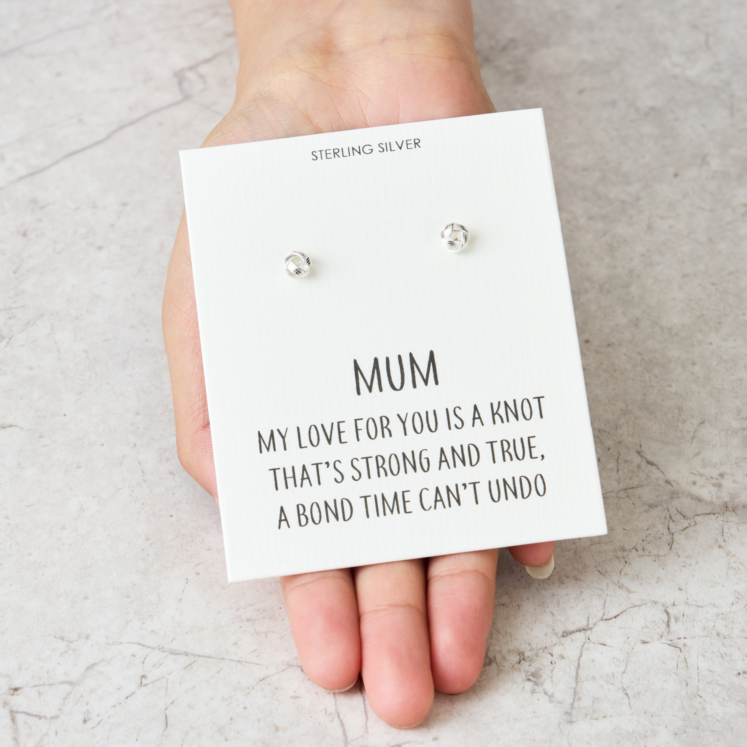 Sterling Silver Mum Quote Knot Earrings