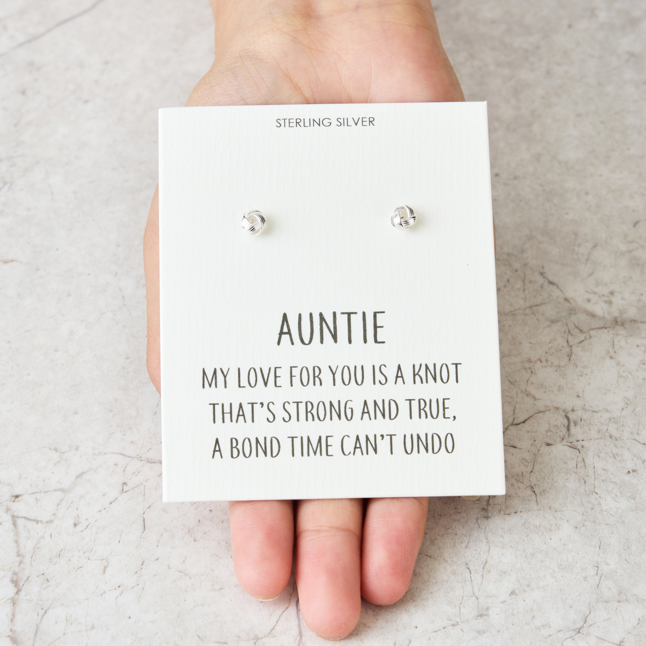 Sterling Silver Auntie Quote Knot Earrings