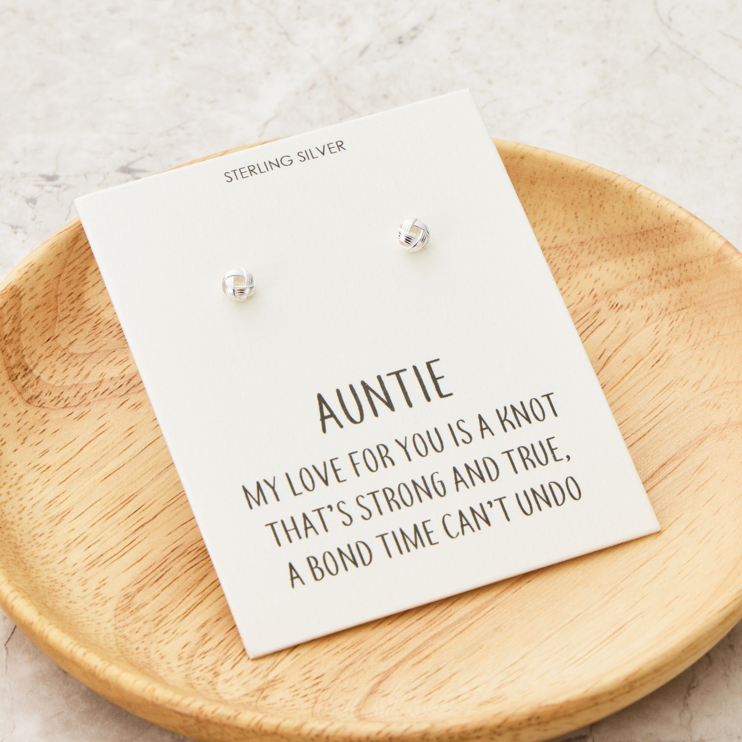 Sterling Silver Auntie Quote Knot Earrings