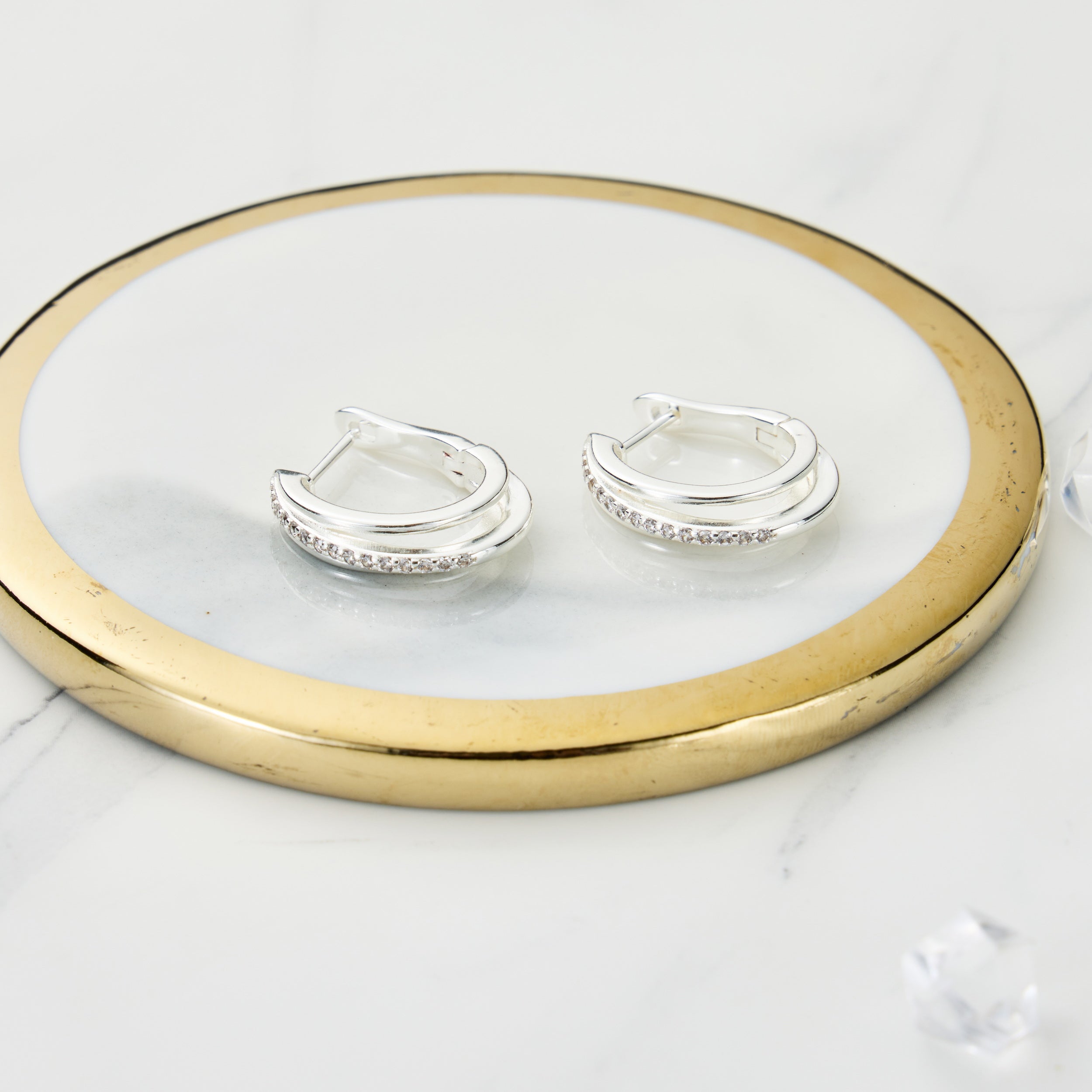 Silver Plated Triple Hoop Earrings Created with Zircondia® Crystals