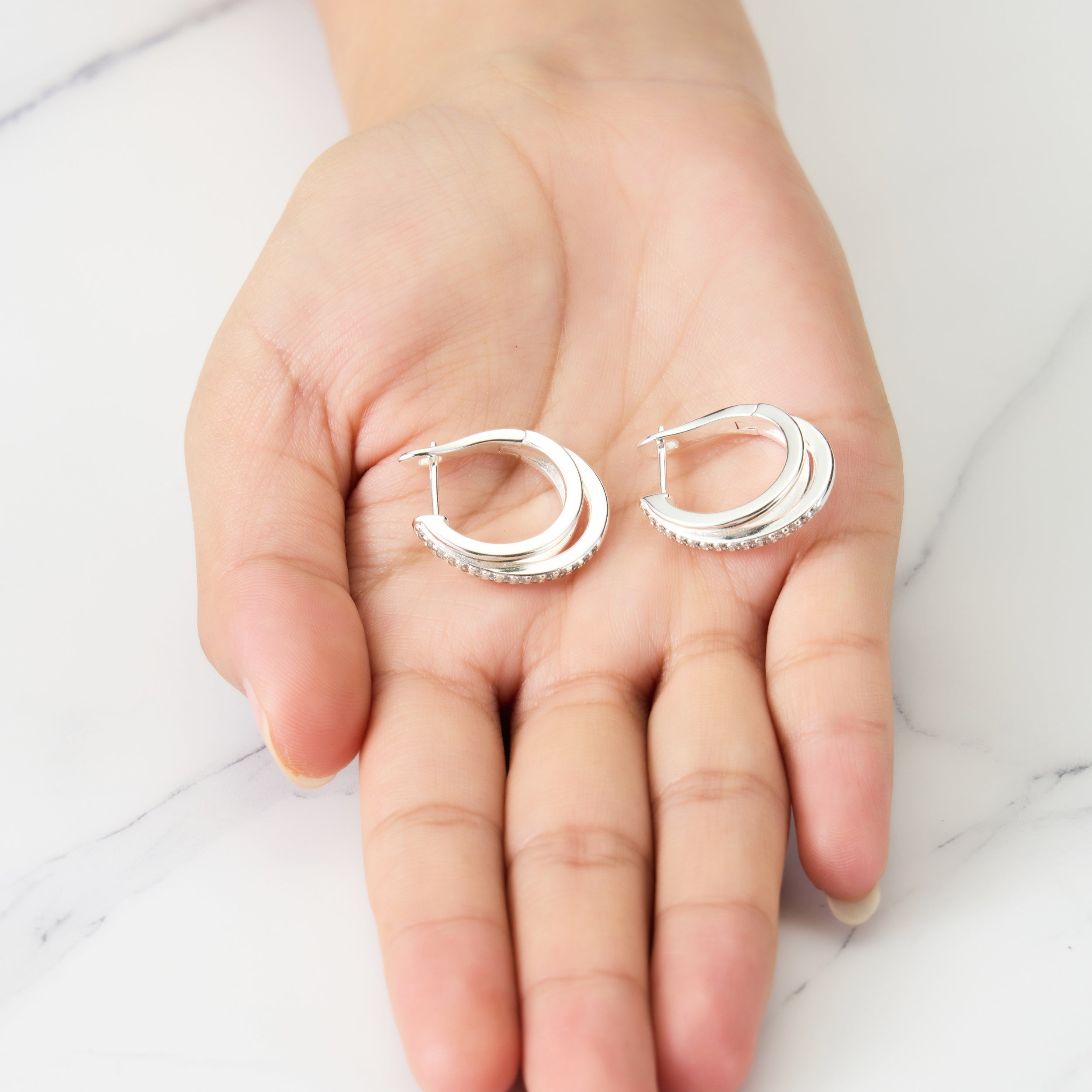 Silver Plated Triple Hoop Earrings Created with Zircondia® Crystals