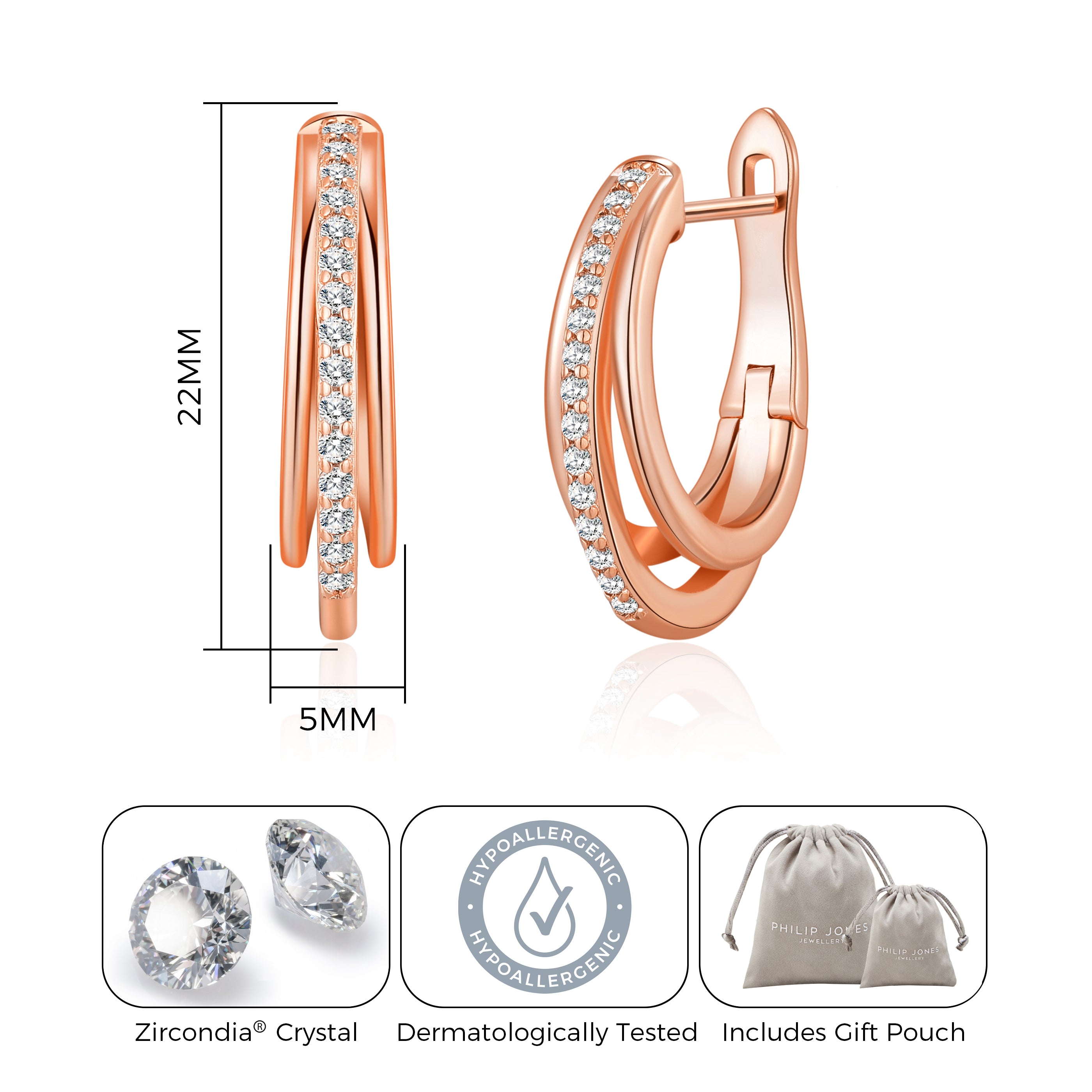 Rose Gold Plated Triple Hoop Earrings Created with Zircondia® Crystals