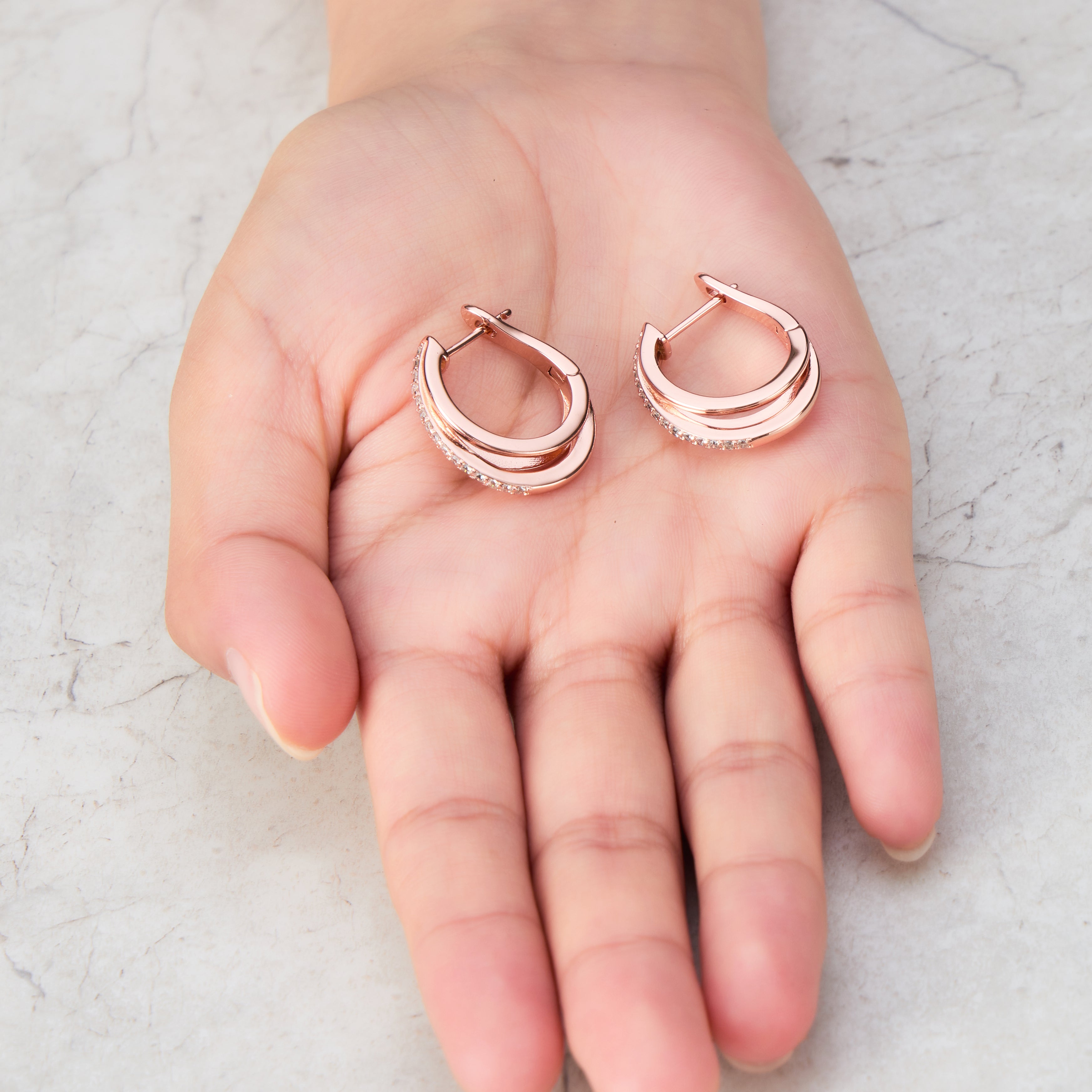 Rose Gold Plated Triple Hoop Earrings Created with Zircondia® Crystals