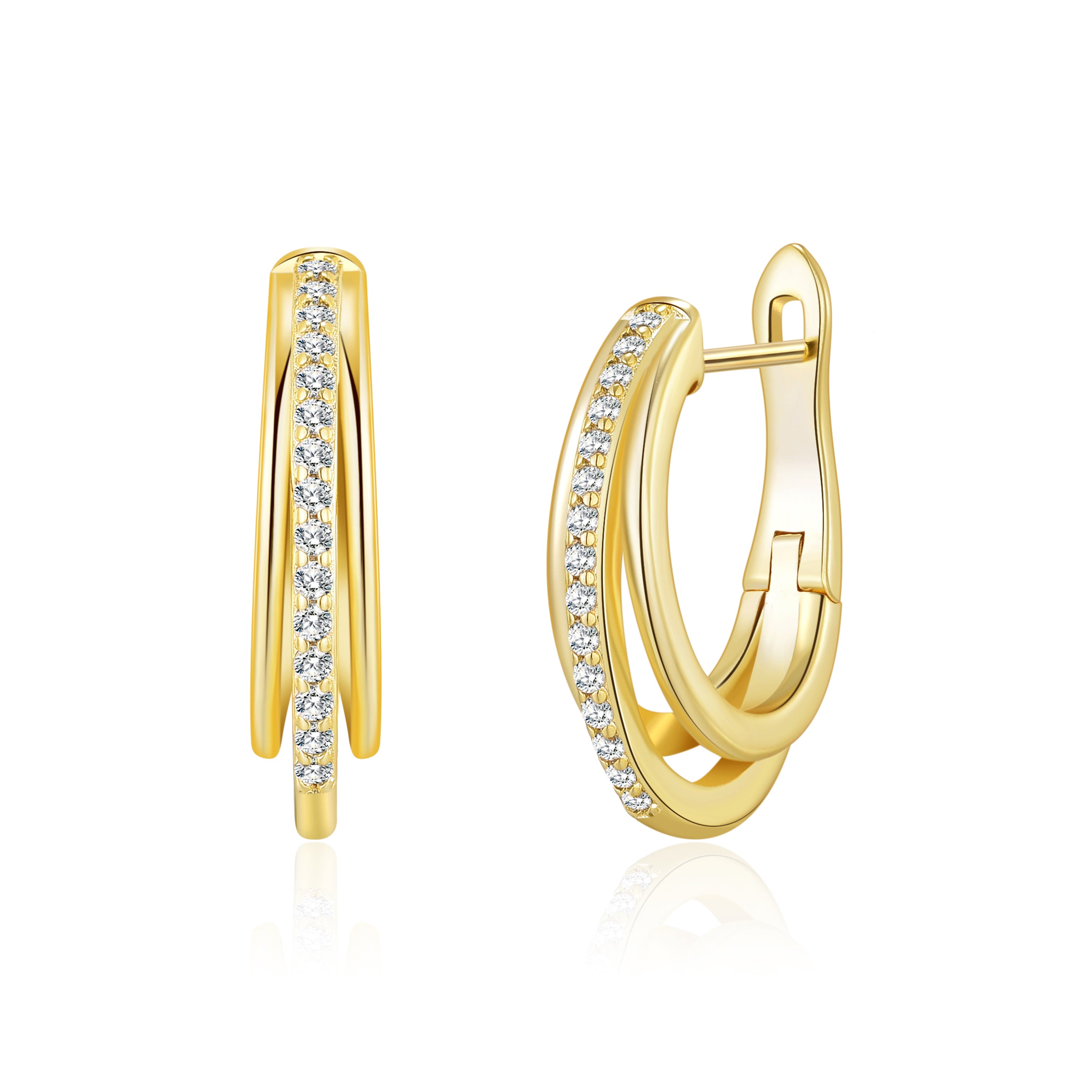 Gold Plated Triple Hoop Earrings Created with Zircondia® Crystals