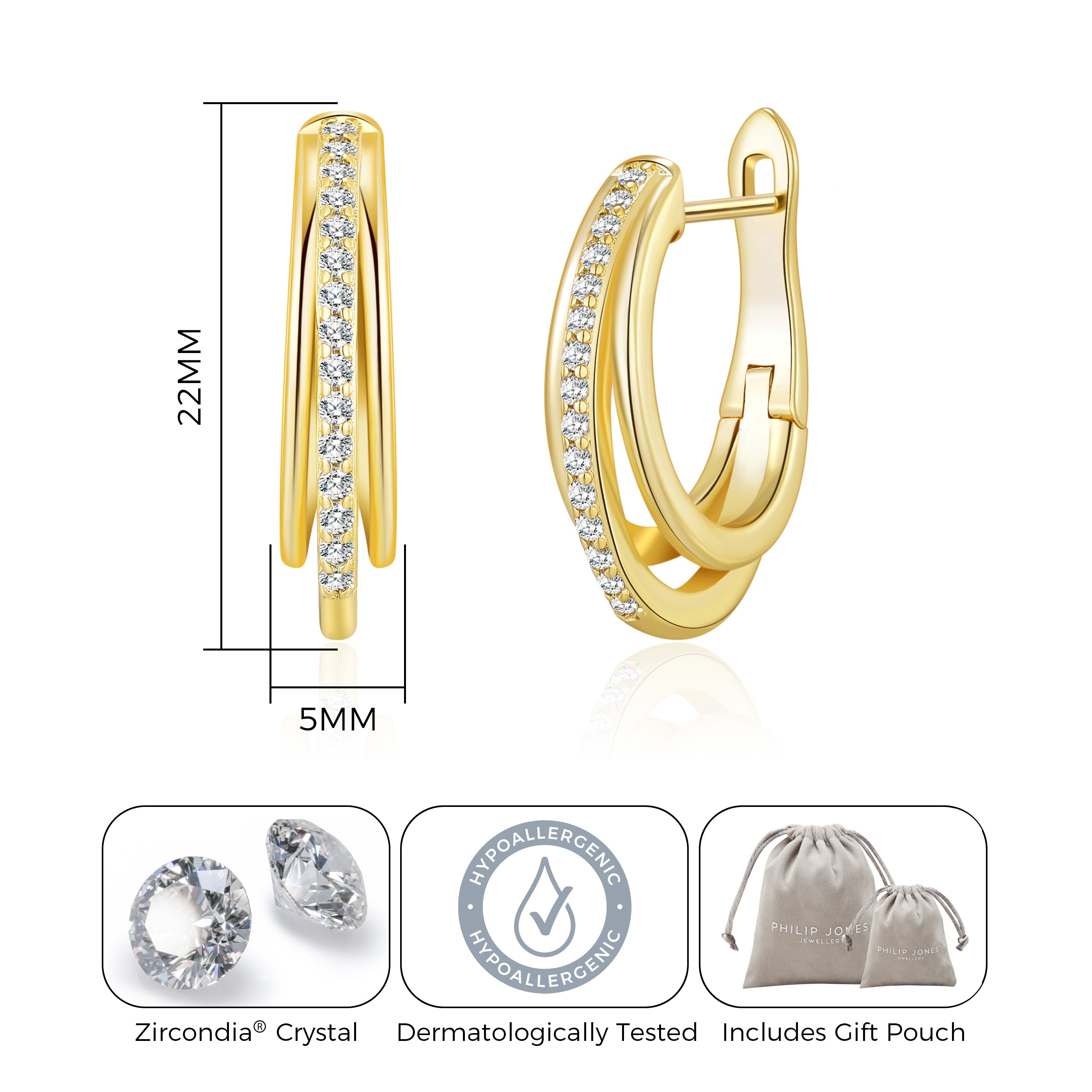 Gold Plated Triple Hoop Earrings Created with Zircondia® Crystals