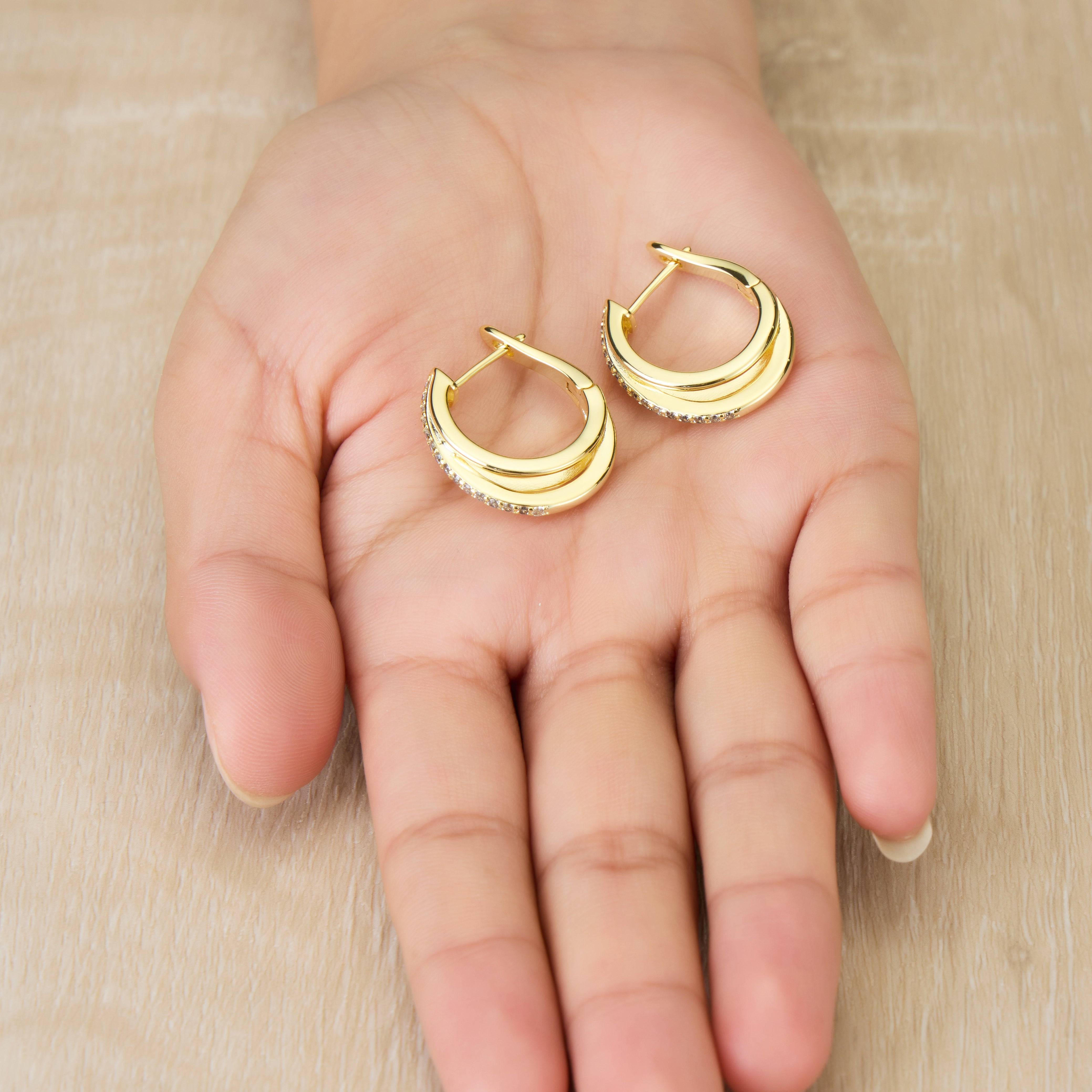 Gold Plated Triple Hoop Earrings Created with Zircondia® Crystals