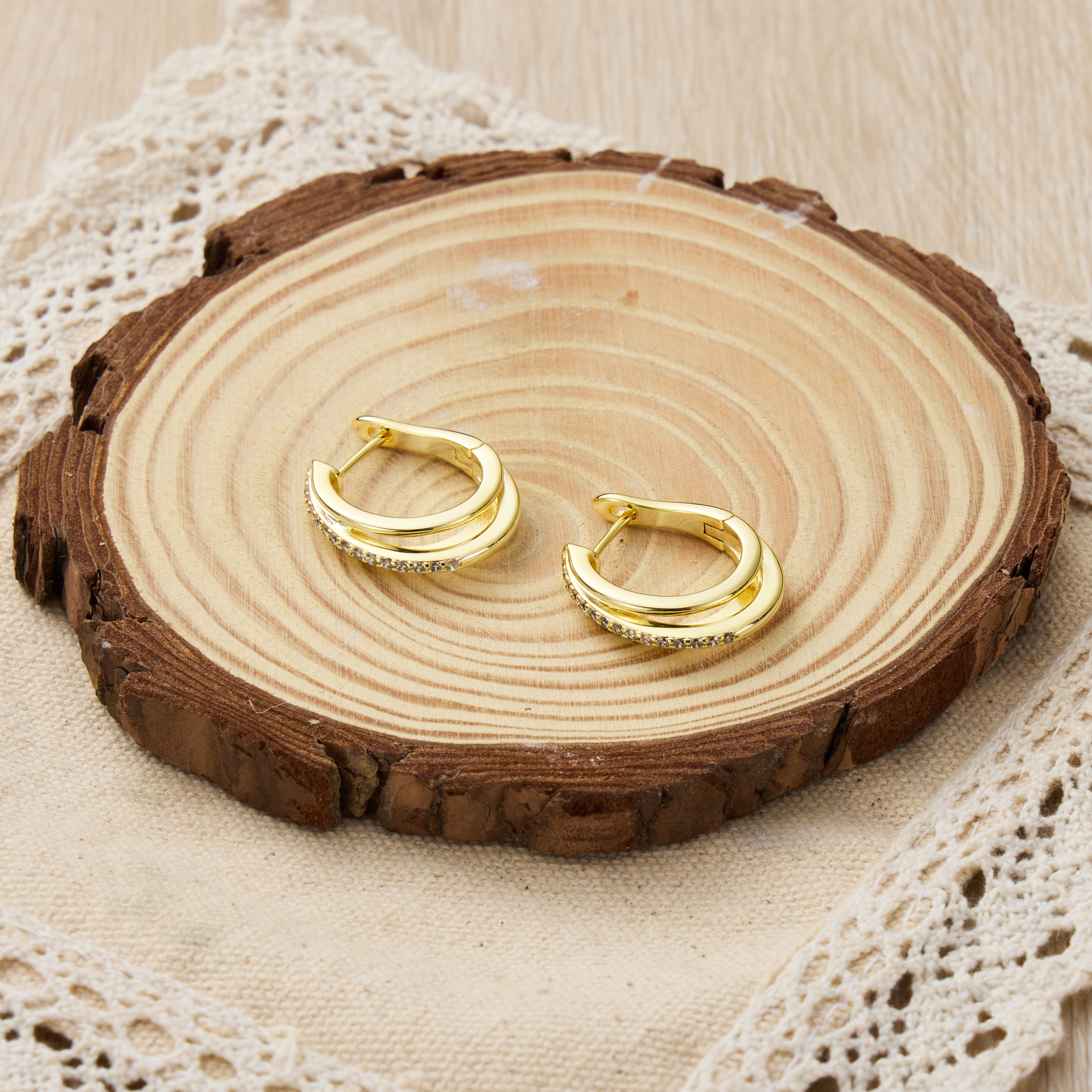 Gold Plated Triple Hoop Earrings Created with Zircondia® Crystals