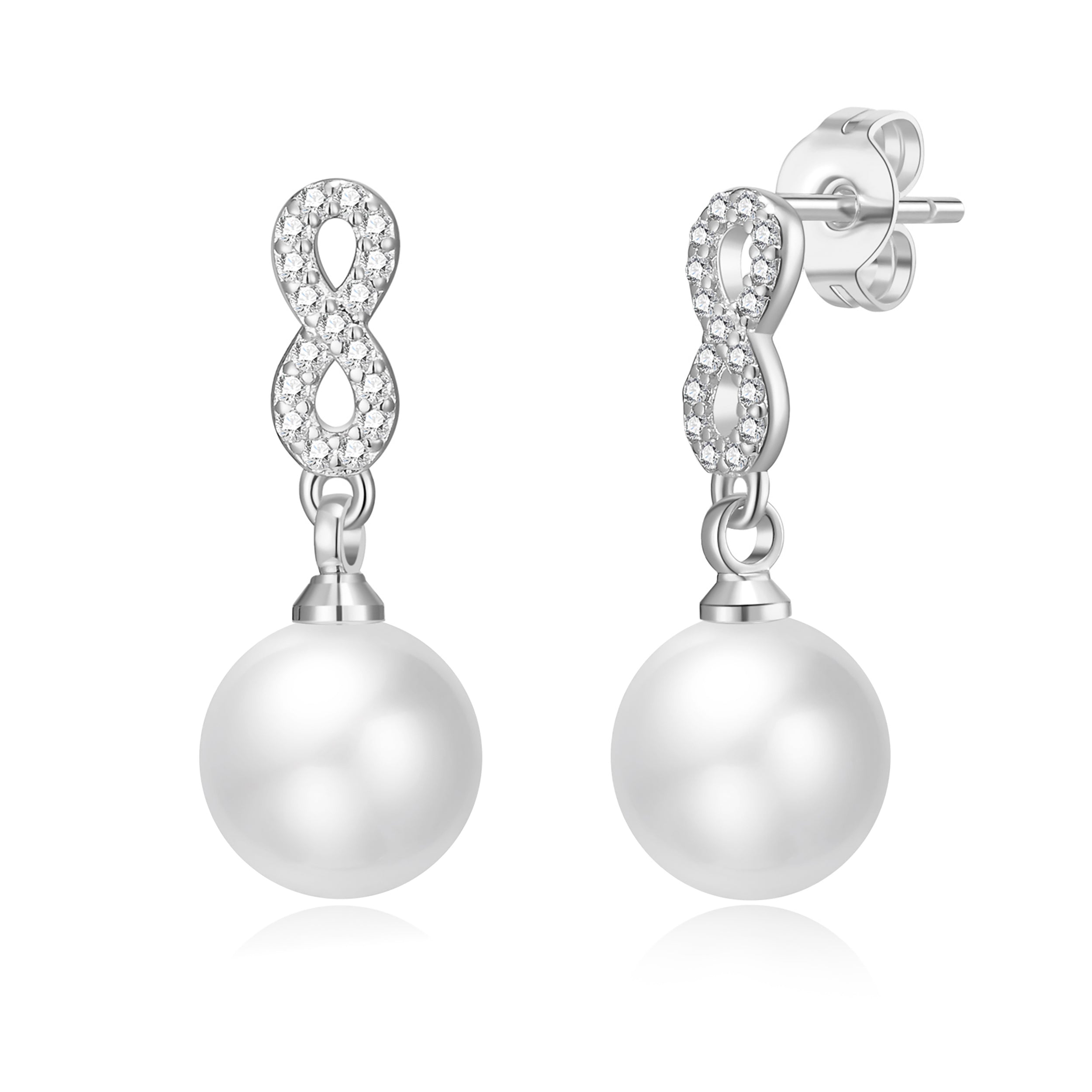 Silver Plated Infinity Pearl Drop Earrings Created with Zircondia® Crystals