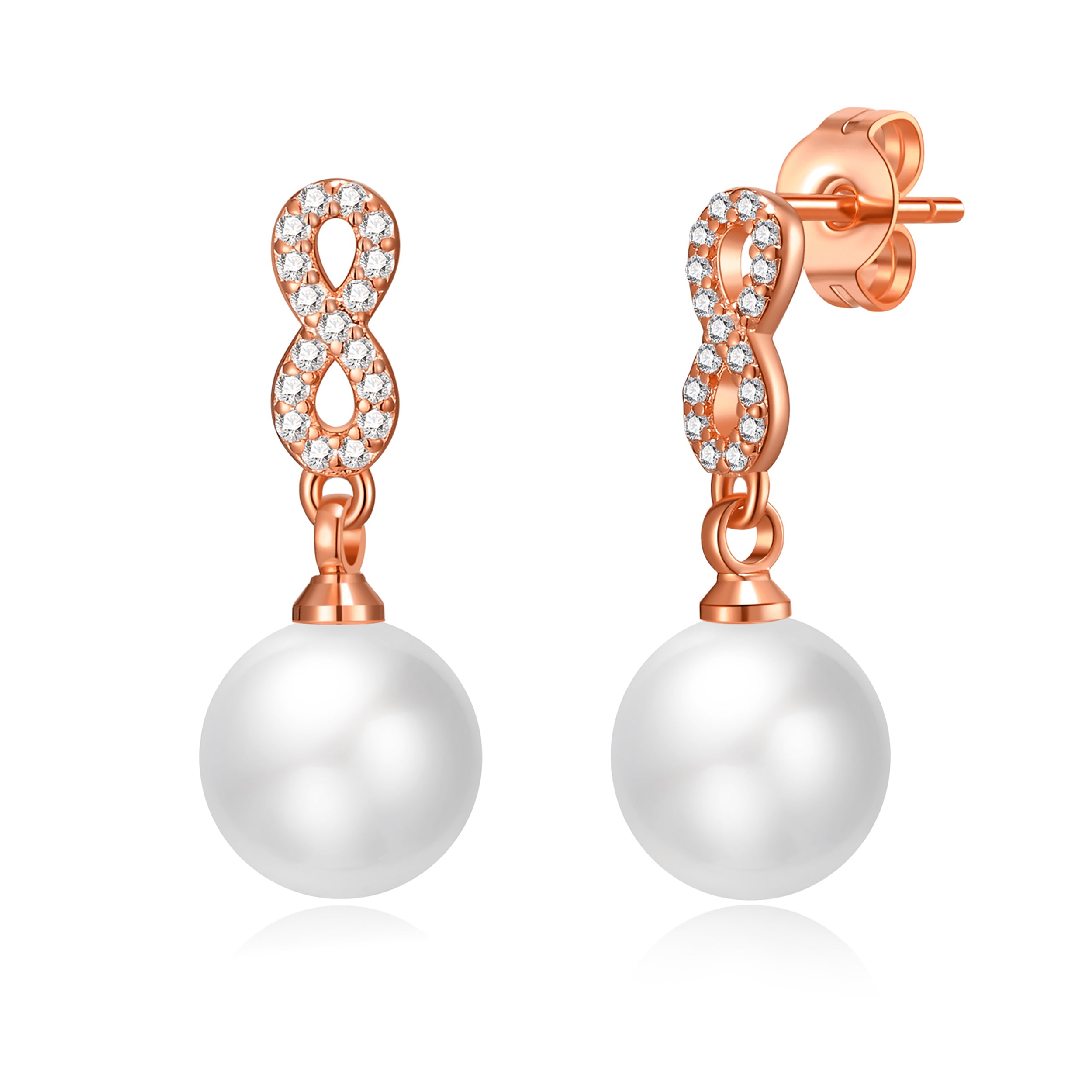 Rose Gold Plated Infinity Pearl Drop Earrings Created with Zircondia® Crystals